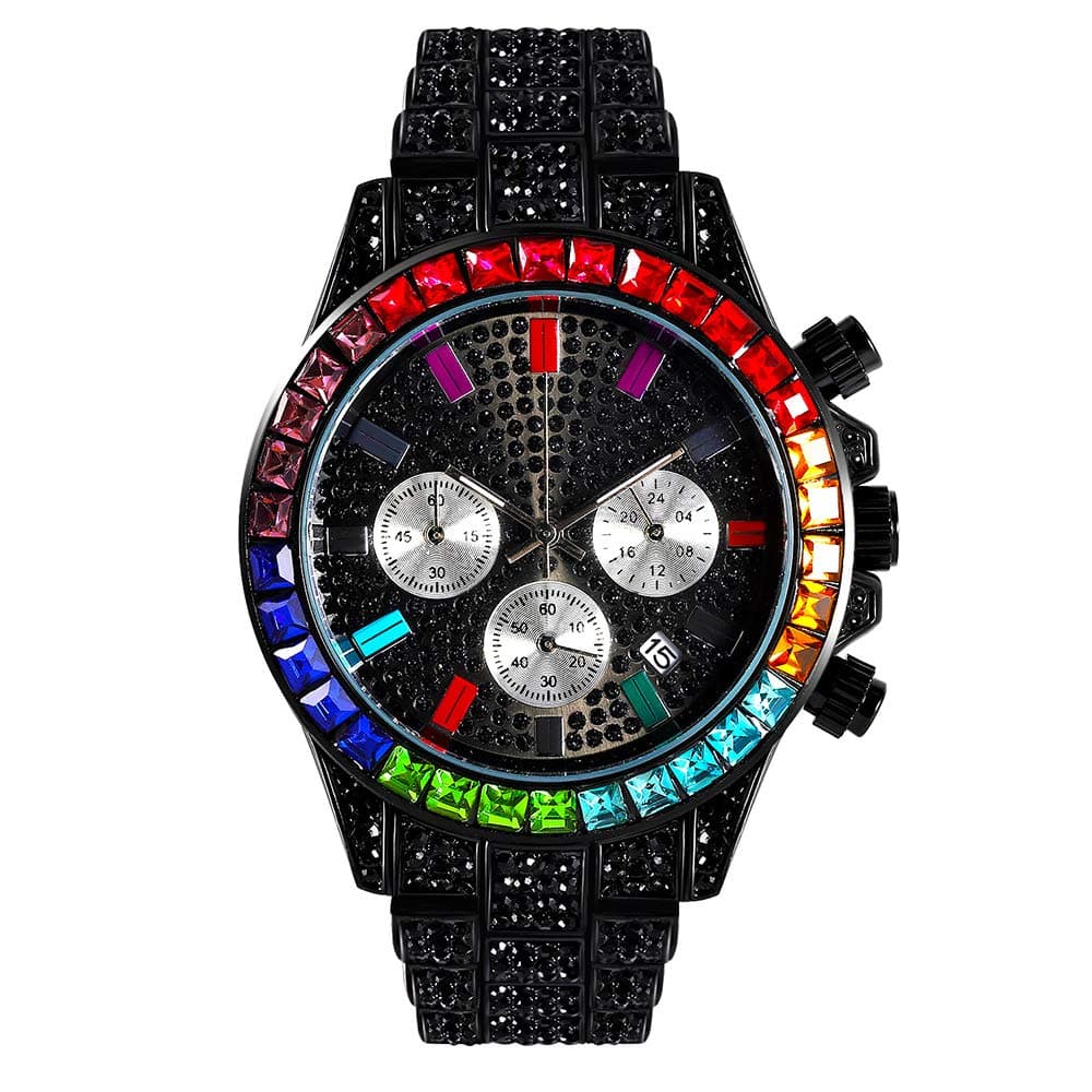 Men's Chronograph Quartz Watch Hip Pop Iced Out Simulated Diamond Round Dial Calendar Analog Wrist Watch