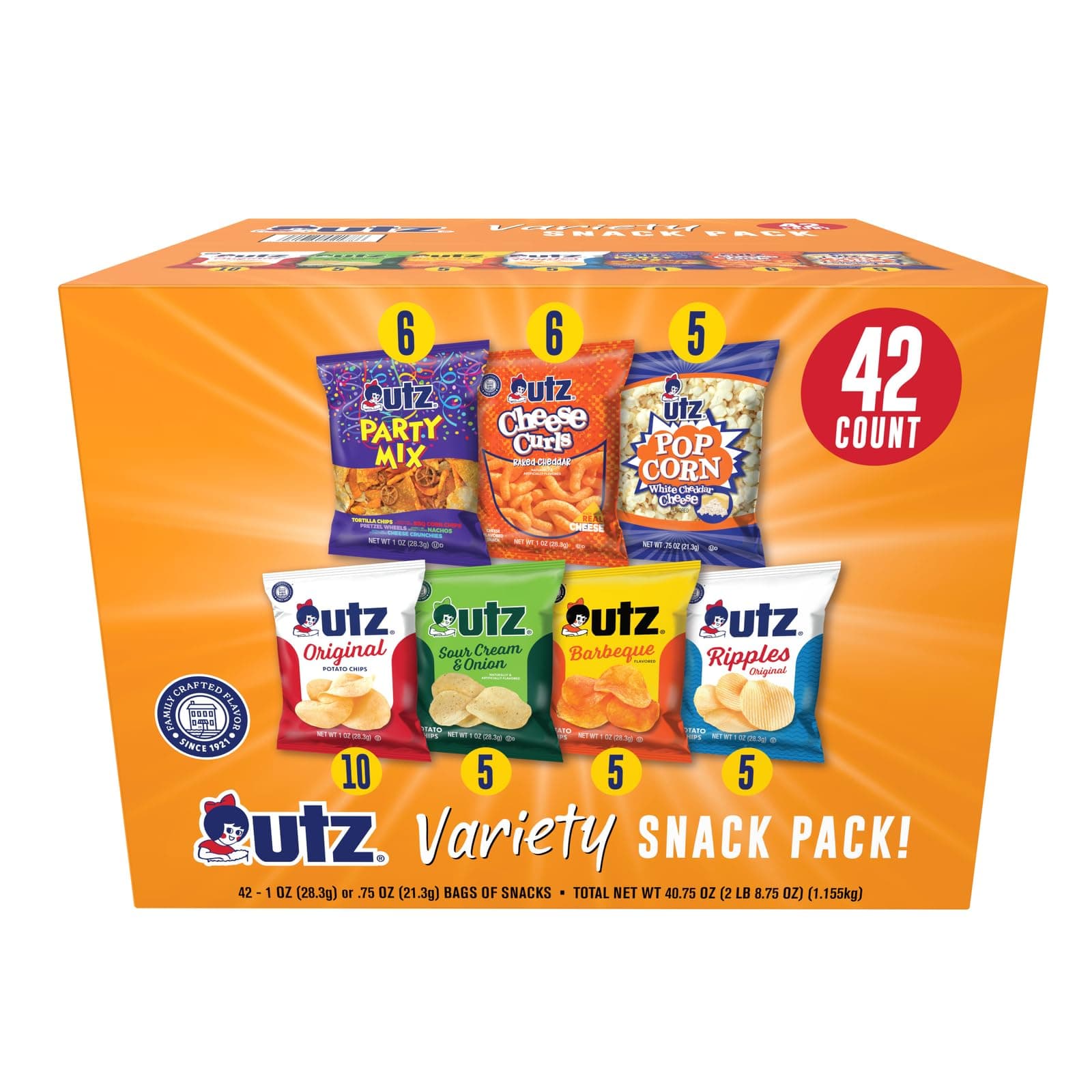 Snack Variety Pack Individual Snacks, Includes Potato Chips, Cheese Curls, Popcorn, and Party Mix, Crunchy Travel Snacks for Lunches, Vending Machines, and Enjoying on the Go (Pack of 42)