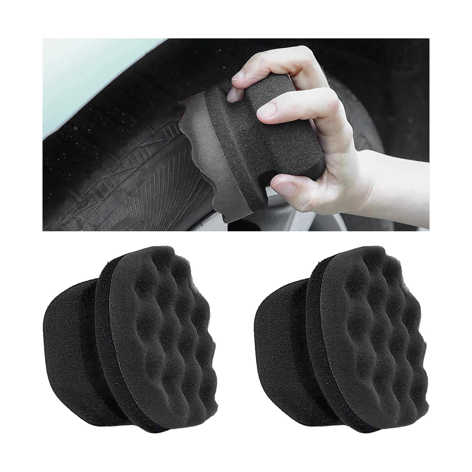 2 PCS Tire Dressing Applicator Pads, Reusable Hex Grip Tire Shine Applicator Polishing Sponge Pads, Wheel Tire Shine Detailing Foam for Most Vehicles, Car Accessories (Black, 4.33")