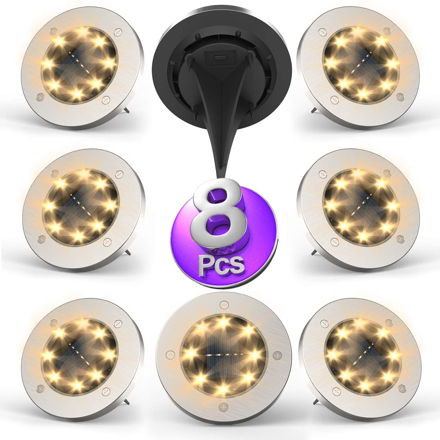 Solar Lights Outdoor，Disk Lights Solar Powered 8 LED ，Outdoor in-ground Solar Lights for Landscape Walkway Lawn Steps Decks, LED lamp, Waterproof(Warm White)