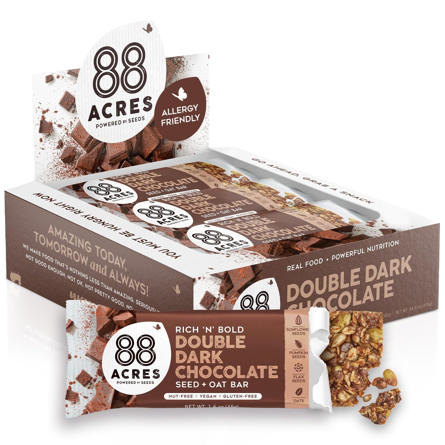 88 Acres Granola Bars | Double Dark Chocolate | Gluten Free, Nut-Free Oat and Seed Snack Bar | Vegan & Non GMO | 12 Pack