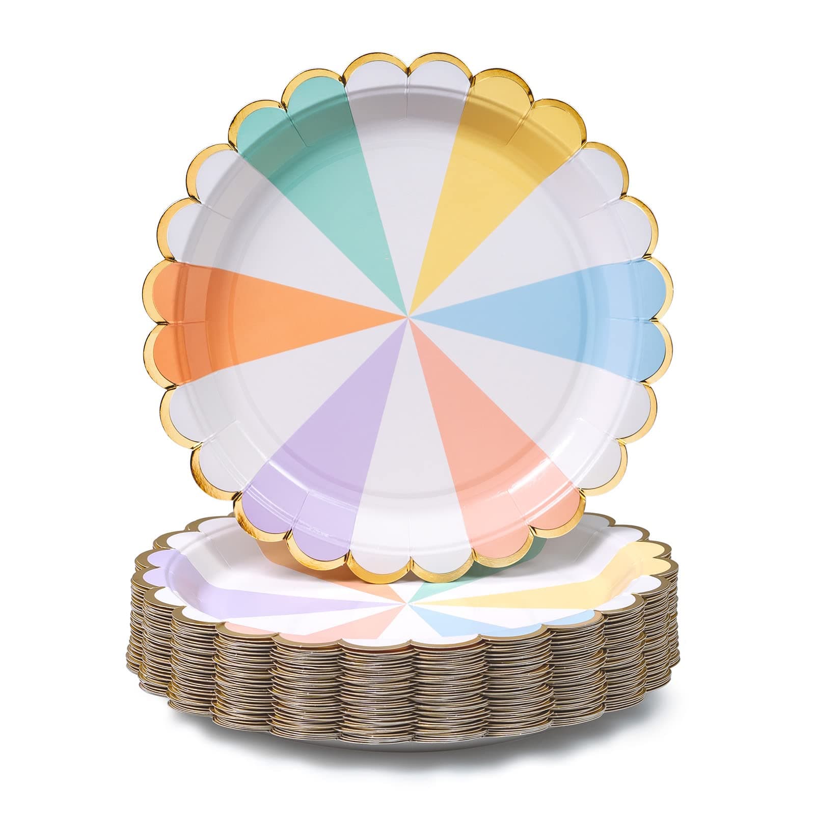 Party Paper Plates, 50-Pack, Disposable Paper Plates, Gold Foil Scalloped Edge, Striped Pastel, 9-Inch