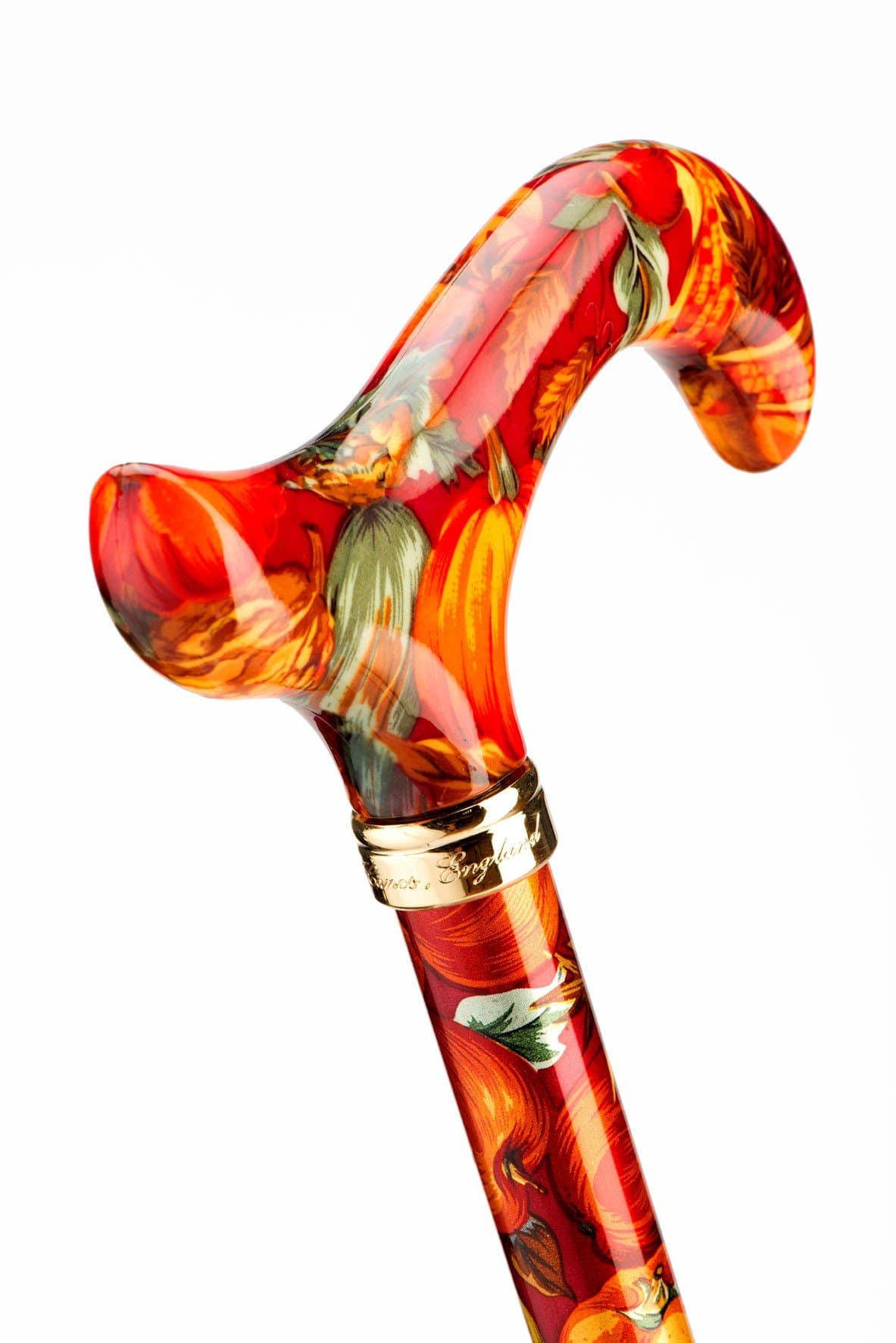 Thanksgiving, Sleek Acrylic Derby Handle Walking Stick with Colourful Autumn Patterns Attached to a Stick Made From Light Metal and Jewellery Ring/Height-Adjustable/with Slim Buffer.