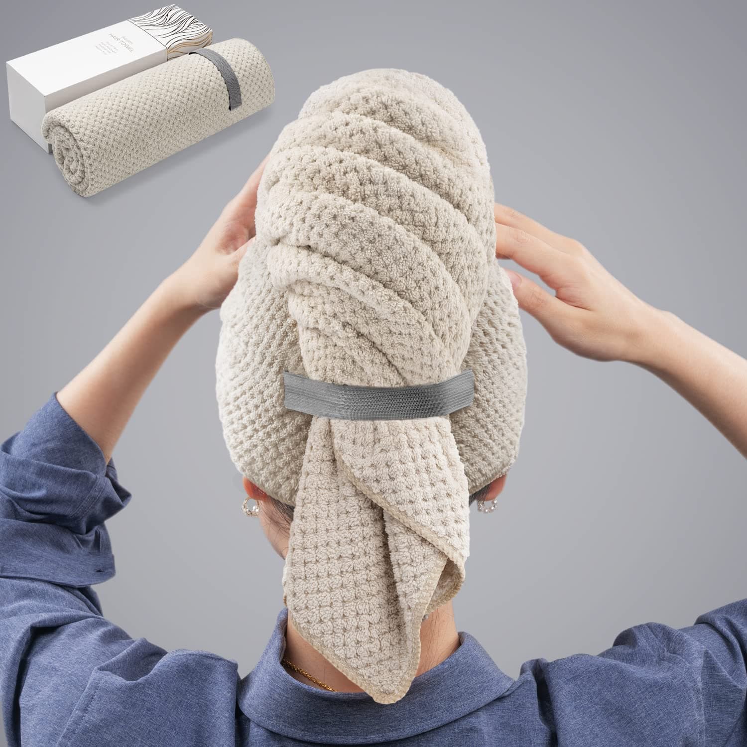 Large Hair Towel Wrap for Women, Super Absorbent Microfiber Hair Towel for Curly Hair, Fast Drying Hair Turbans with Elastic,Hair Drying Towel Wrap for Hair Care 26.3" X 40" (Camel)