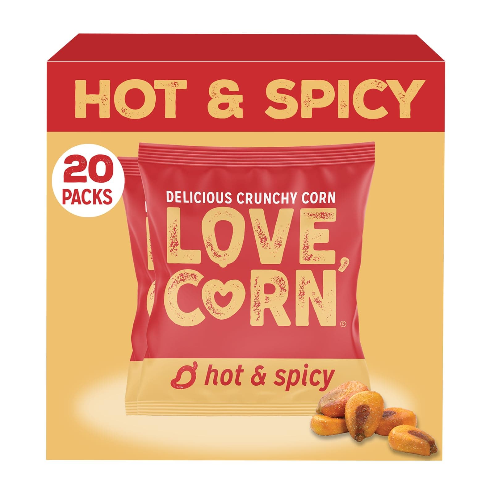 LOVE CORN Hot & Spicy | Delicious Crunchy Corn Snacks | .07oz x 20 Gluten Free, Vegan Bags | Convenient for Lunch Boxes, Commuting & Office Snacks