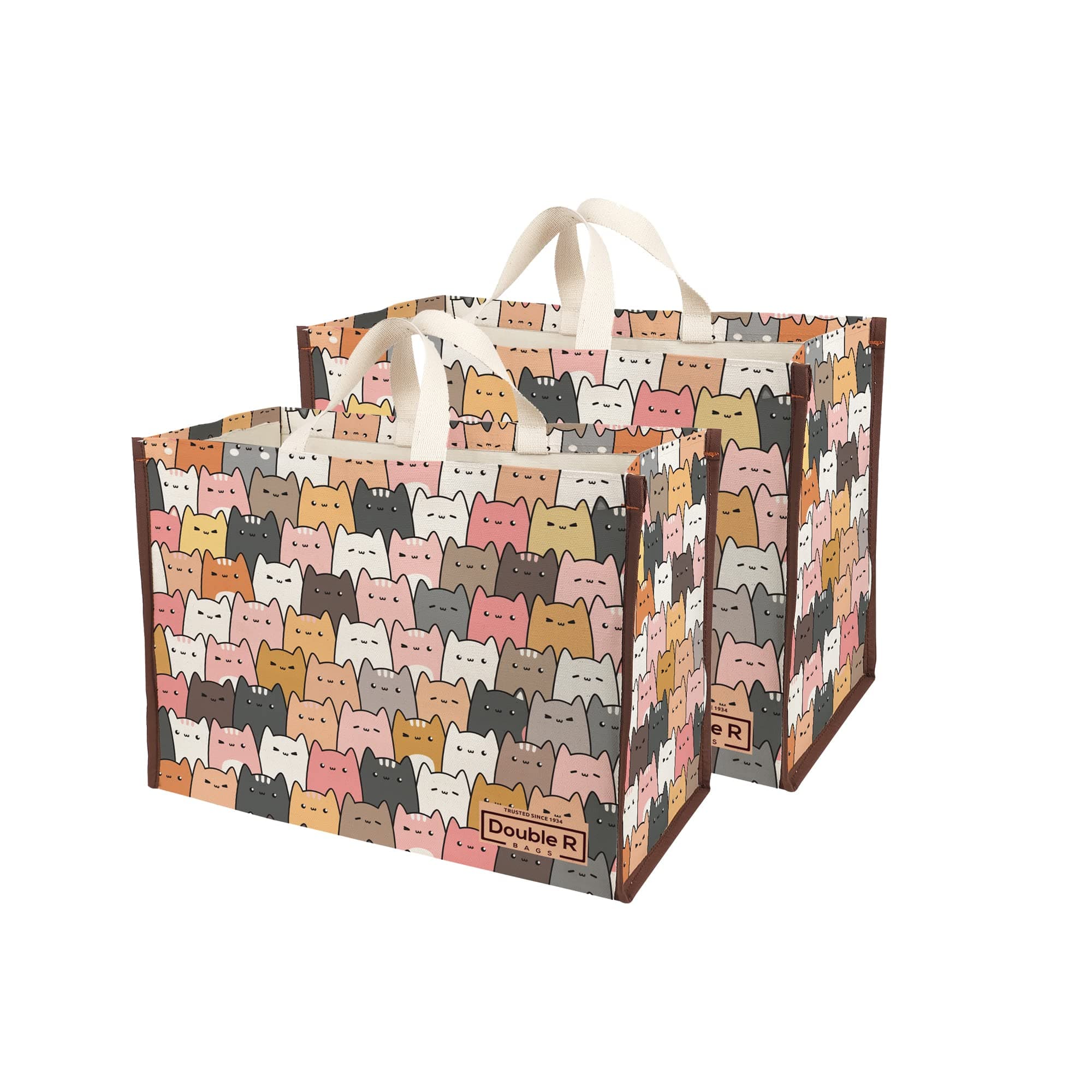 Heavy Duty Cotton Canvas Grocery Shopping Bag | Eco-Friendly Cloth Tote for Vegetables, Milk, Fruits & Lunch | 33x44.4x20.3cm | 1 Compartment | Pack of 2 Catkitten Print