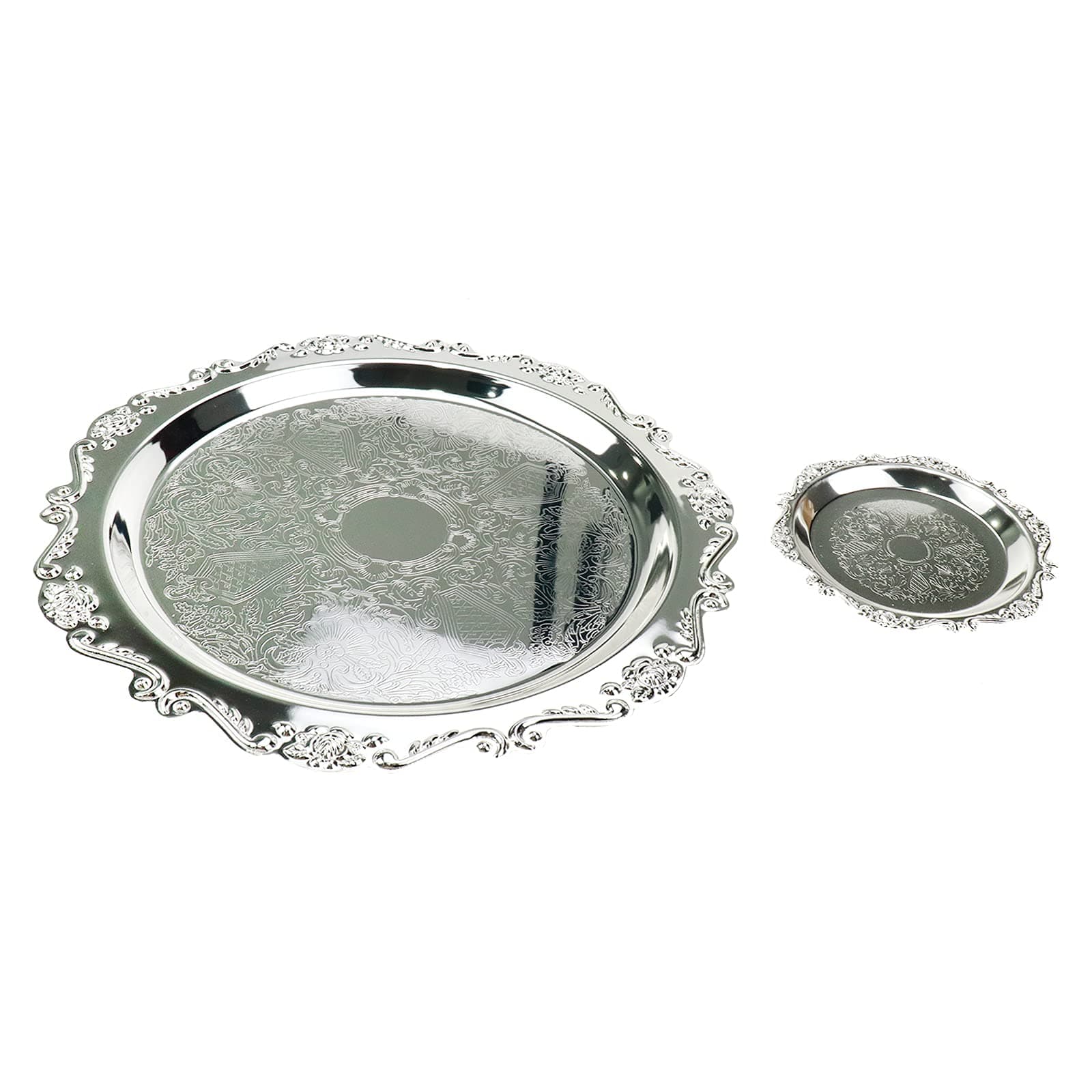 Quluxe Round Platter Serving Tray Metal Reusable Decorative Appetizer Platter Dessert Plate for Kitchen Party Centerpiece Display, 2 Pcs Silver (4 Inch+10 Inch)