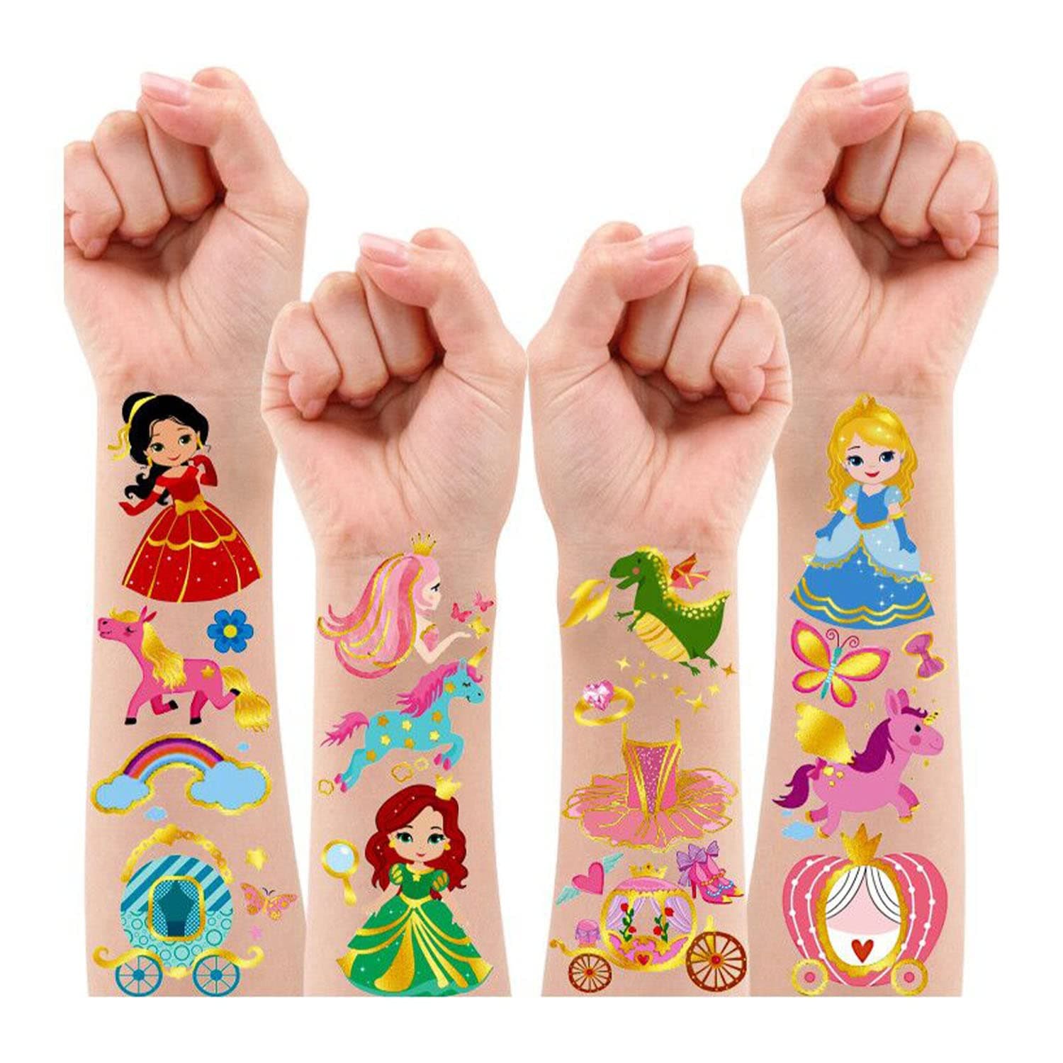 Leesgel Princess Party Decorations for Girls, 12 Sheets Metallic Glitter Tattoos for Kids Girls, Fake Tattoo Stickers Toys for Kids Birthday Princess Party Supplies Favors