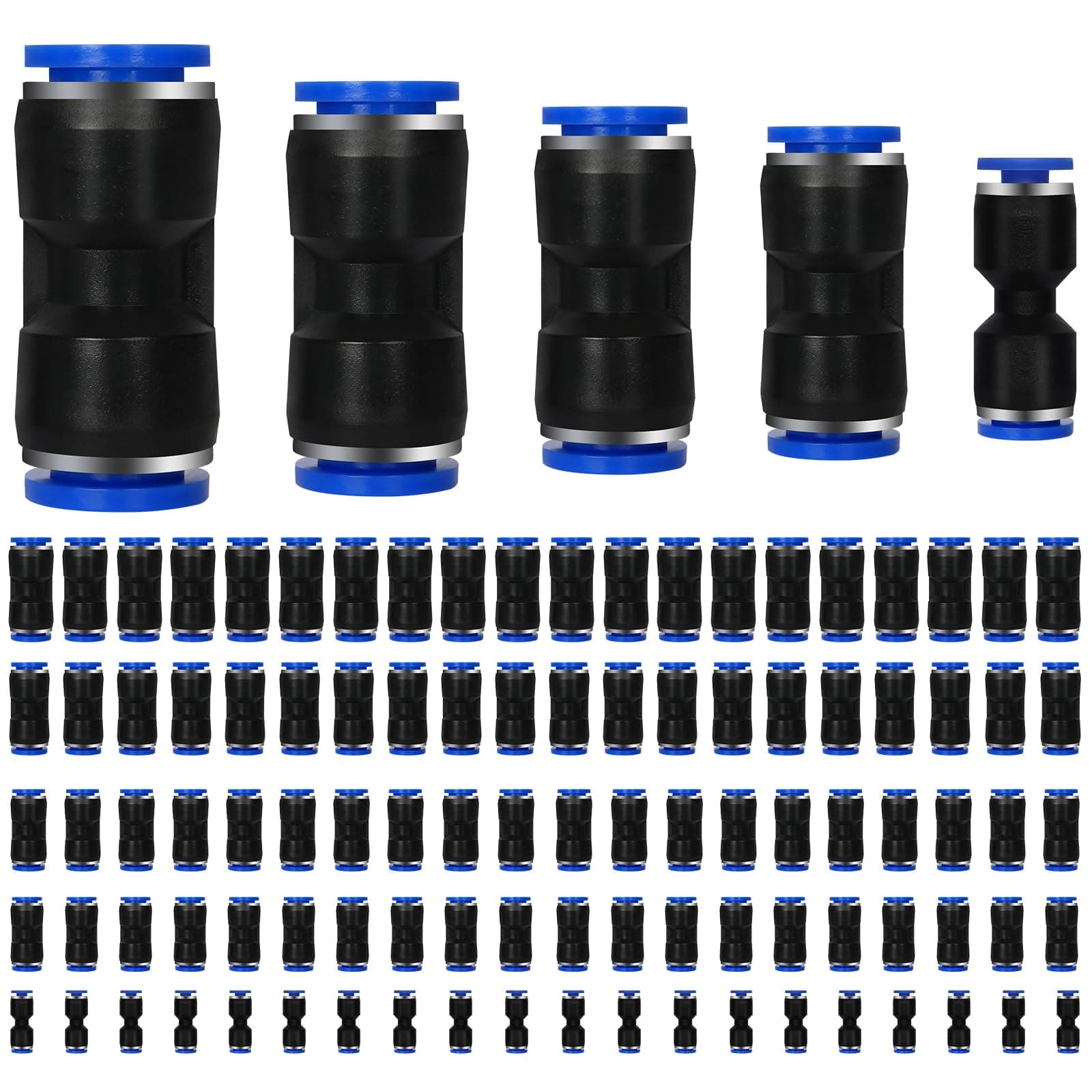 Straight Push Connectors 4 6 8 10 12 mm Quick Release Pneumatic Connectors Air Hose FAir Line Fittings Straight Push to Connect for 5/32 1/4 5/16 3/8 1/2 Tube, 100 Pieces