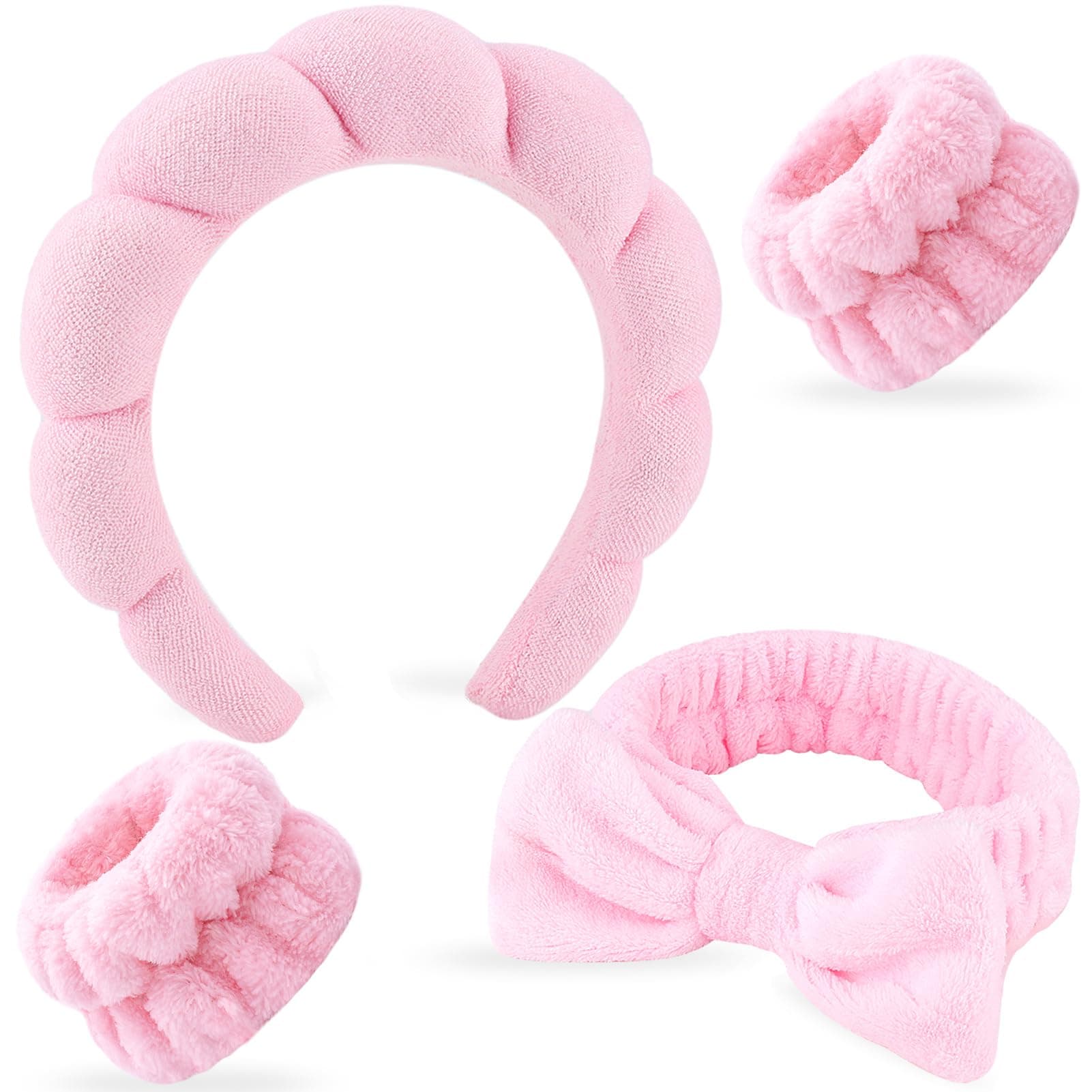 Zkptops 4Pcs Spa Headband for Washing Face Wristbands Set Women Bubble Skincare Makeup Sponge Terry Cloth Padded Puffy Headband Bow Tie Hairband Cute Non Slip Thick Hair Accessory Gifts(Pink)