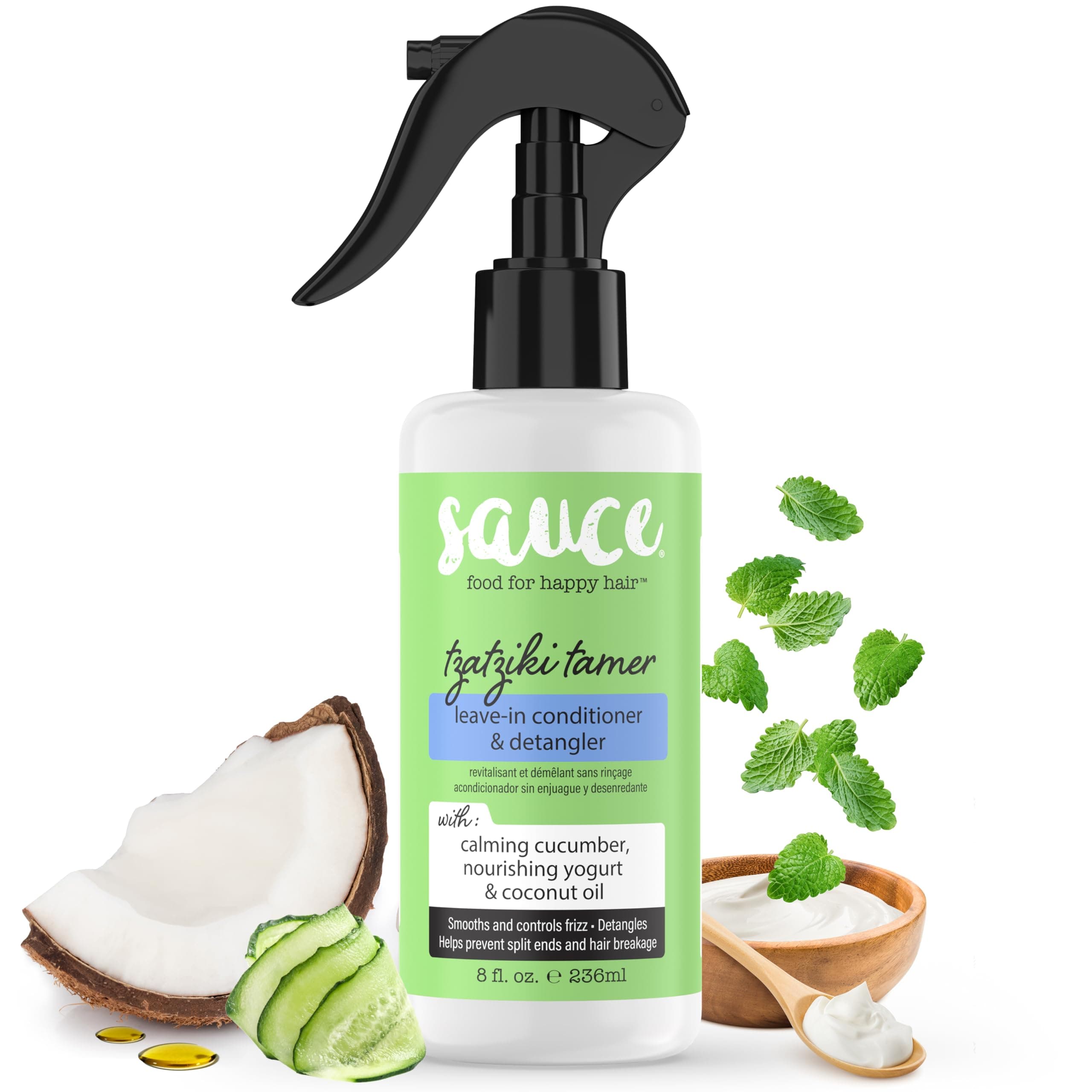 Leave In Conditioner & Detangler Spray (8 Fl Oz) Tzatziki Leave In Conditioner for Curly, Oily & Damaged Hair, Fly Away Hair Tamer, Curl Enhancer, Detangling Spray with Coconut Oil