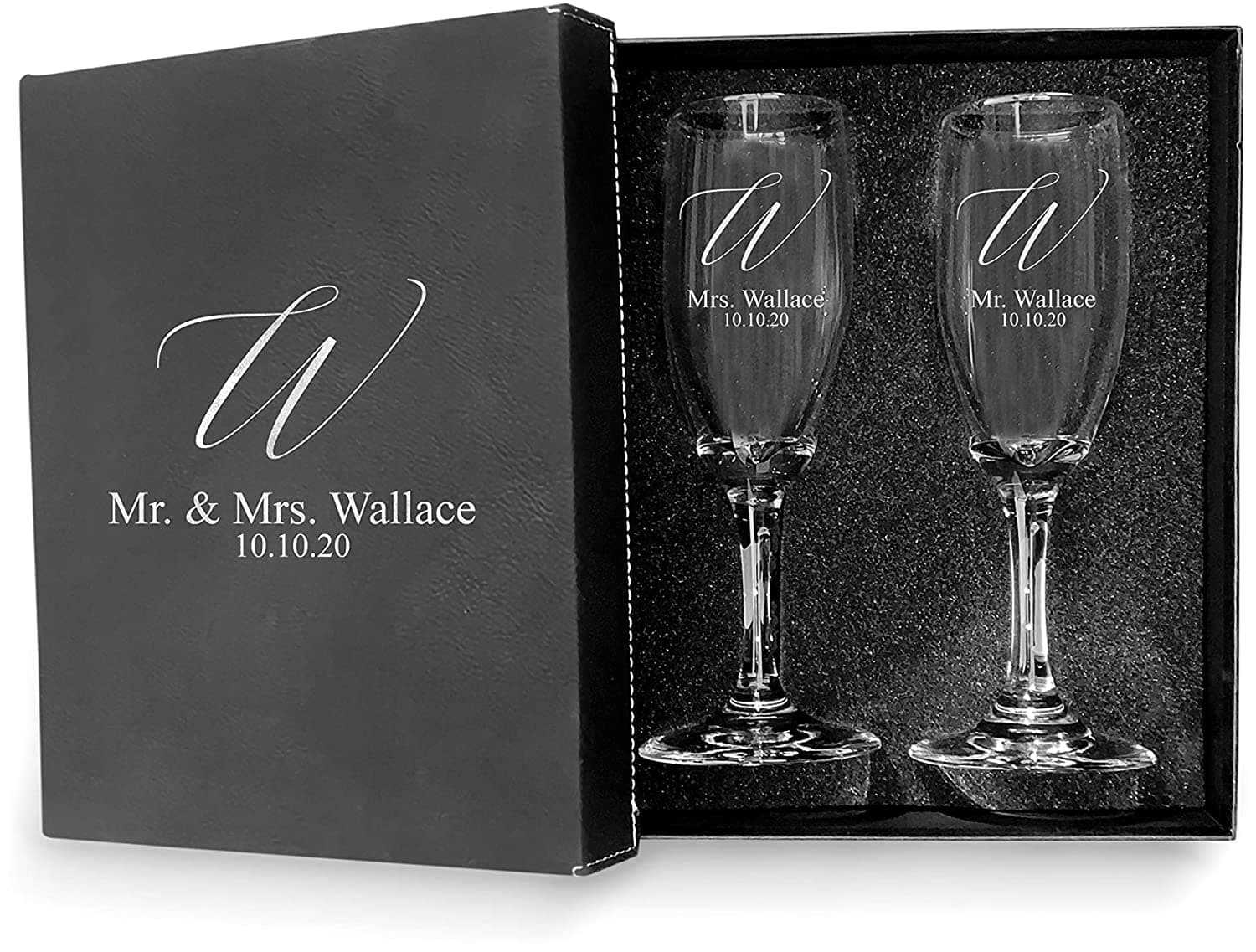 Mr and Mrs Wedding Toasting Champagne Flutes With Box, Set of 2 Glasses with box, Laser engraved Tosting Flutes Engraved Personalized Glasses for Bride and Groom