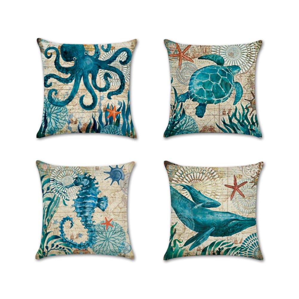 4 Piece Ocean Theme Mediterranean Style Cotton Linen Square Decorative Throw Pillow Case Cushion Cover Starfish,Sea Horse,Shell&Conches 18" X 18"