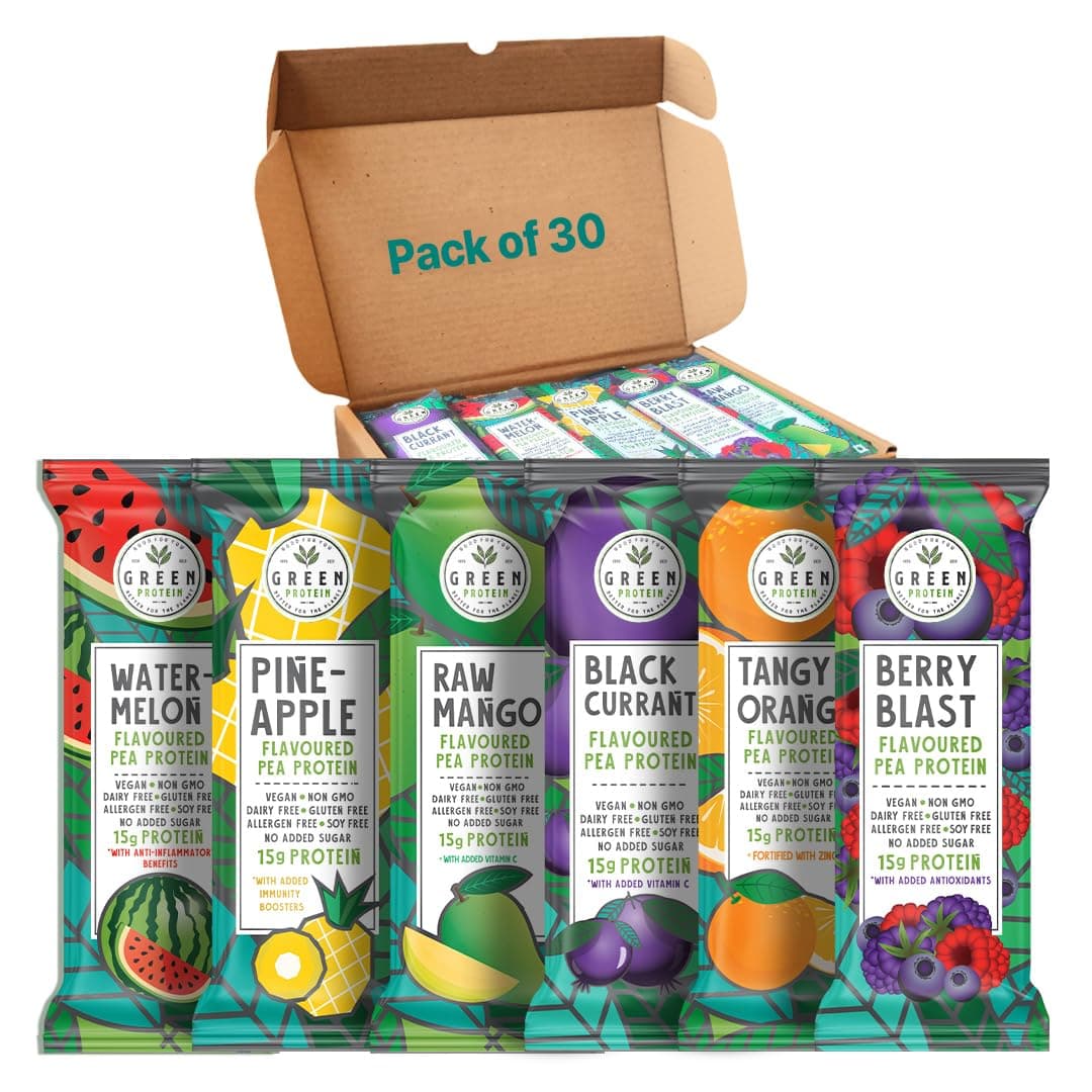 GreenProtein | Vegan Plant Pea Protein Isolate Powder | Dairy, Gluten Allergen & Soy Free, No Added Sugar | Pineapple, Black Currant, Berry Blast, Watermelon, Raw Mango & Orange | Pack of 30