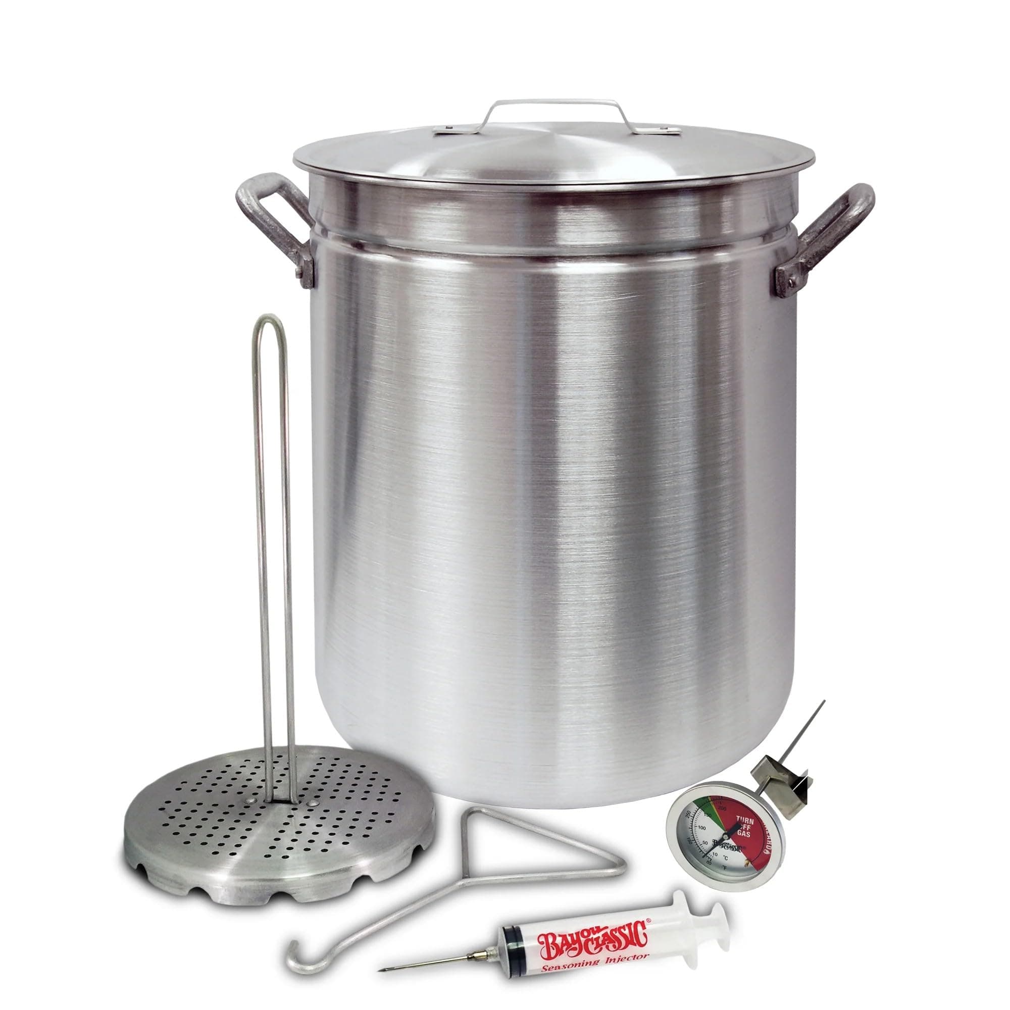 Turkey Fryer Pot - Vented Lid, Riveted Handles, Poultry Rack, Thermometer, Injector - 42 Qt - Aluminum