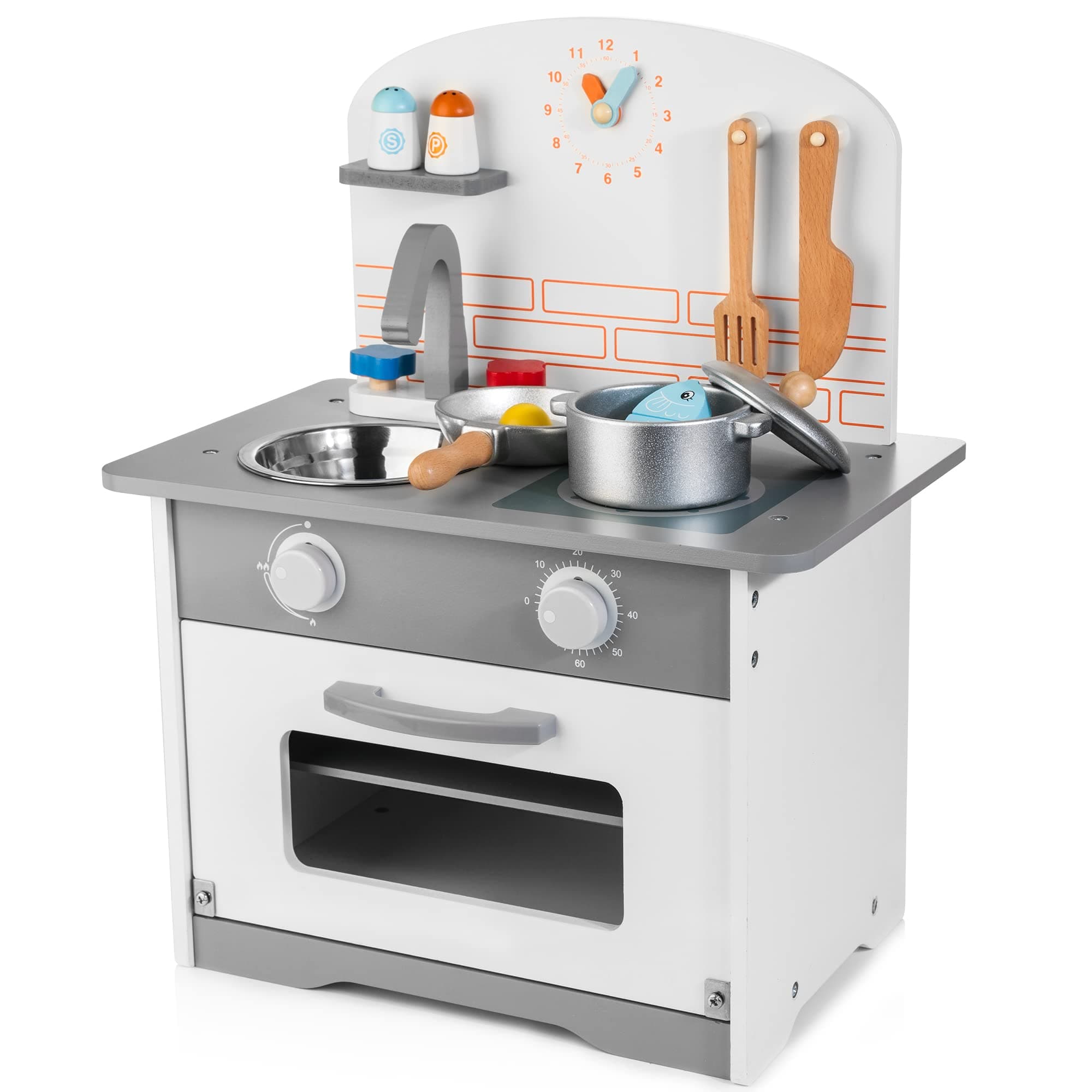 HELLOWOOD Wooden Toy Kitchen Set for Kids, Realistic Kitchen Utensils with Removable Sink Faucet & Play Food, Pretend Play Kitchen Toys for Boys Girls Age 3+