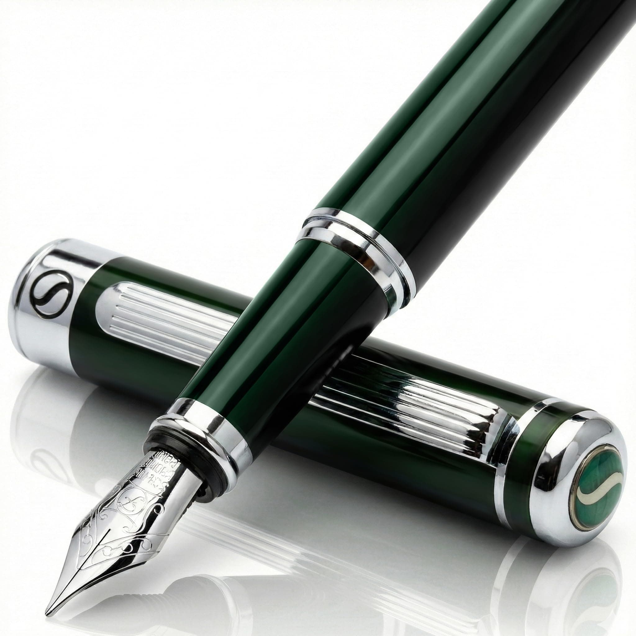 Scriveiner British Racing Green Fountain Pen - Stunning Luxury Pen with Chrome Finish, Schmidt Nib (Fine), Best Pen Gift Set for Men & Women, Professional, Executive, Office, Nice Pens