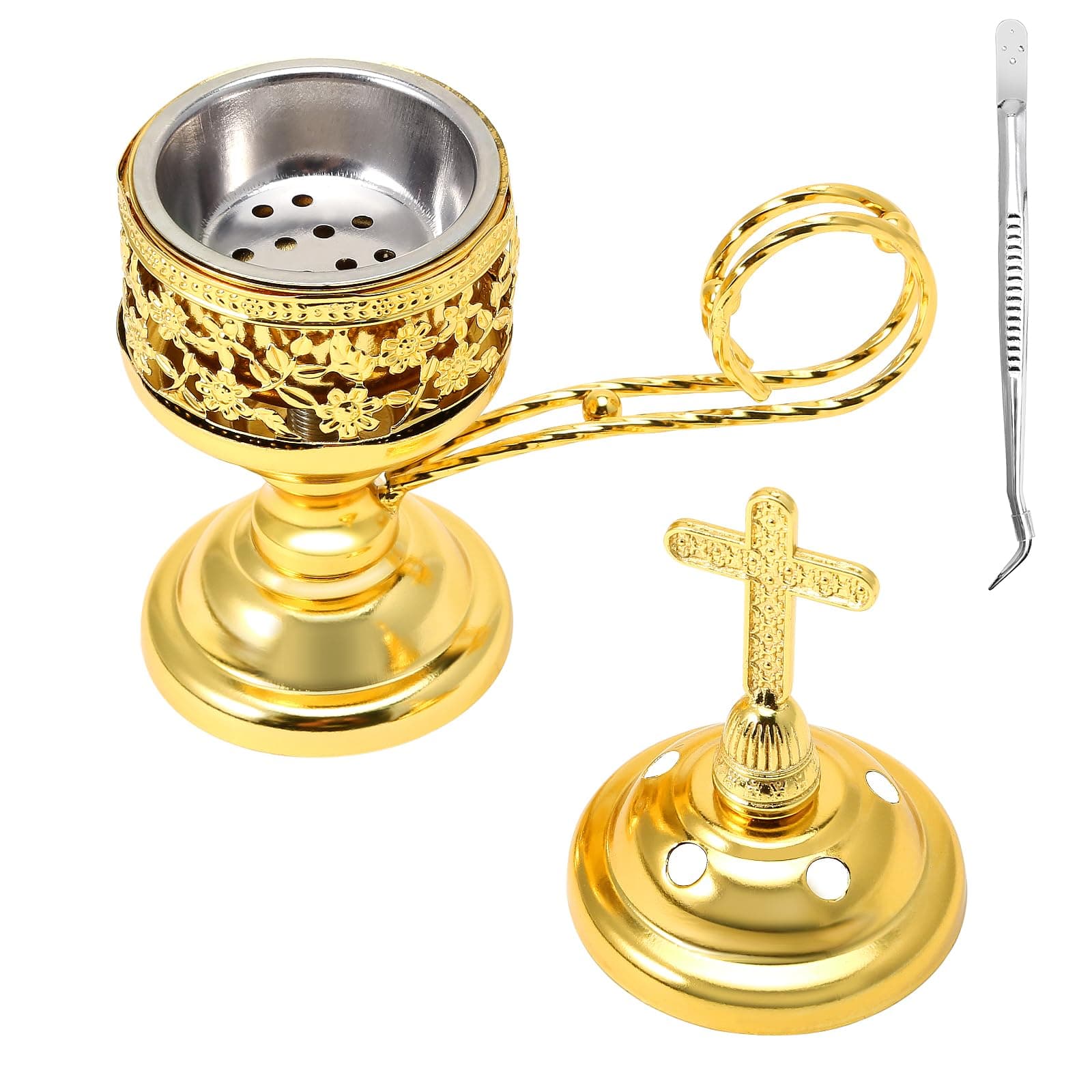 Yawlsow Incense Burner, Frankincense Charcoal Incense Stand, Bakhoor Incense Burner Holder, Ideal for Aromatherapy, Yoga and Spa, Home and Christian Church Censer, (Gold)