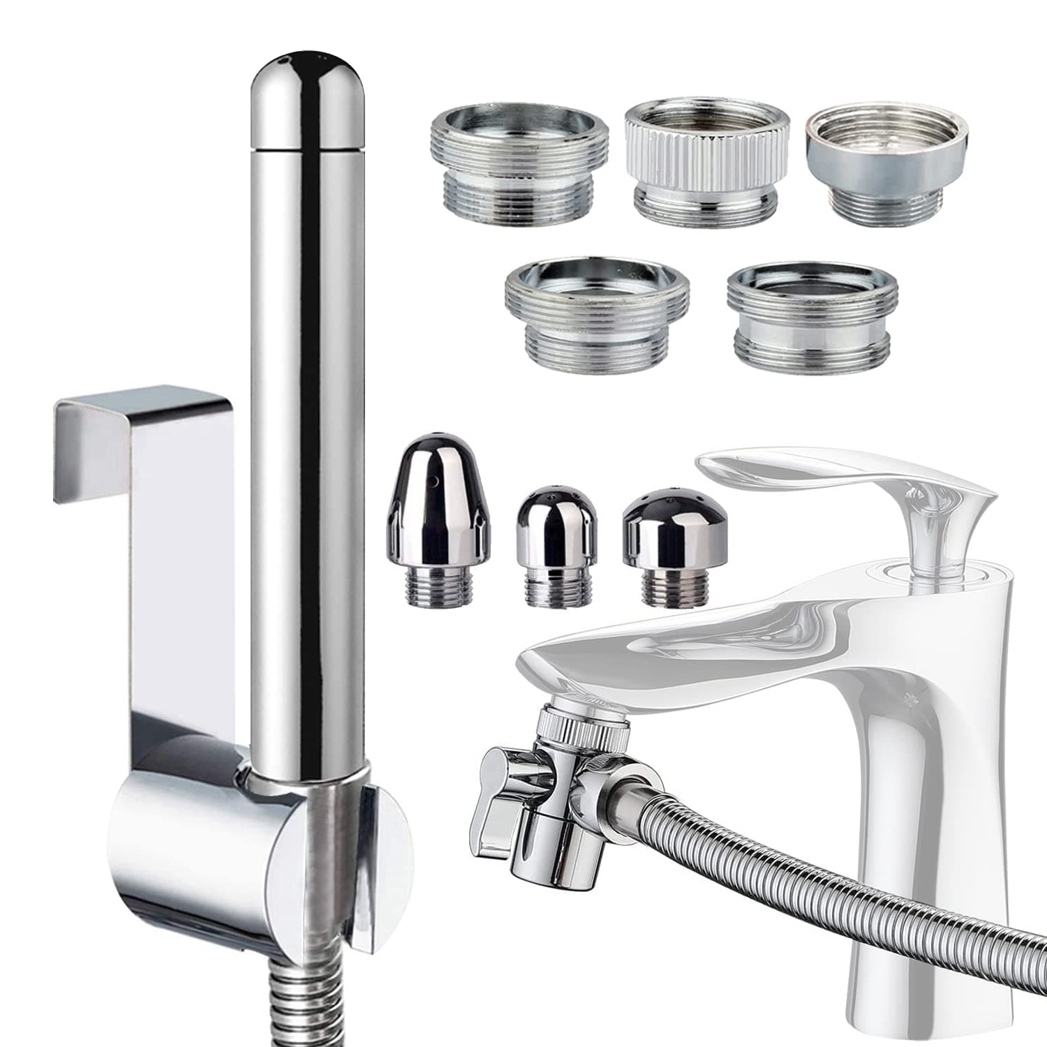 Faucet Shower Douche Attachments Aluminium Shower 3 Heads Kit - with Faucet Splitter,Hose and Hook up Toilet or Wall Mount(Silver)