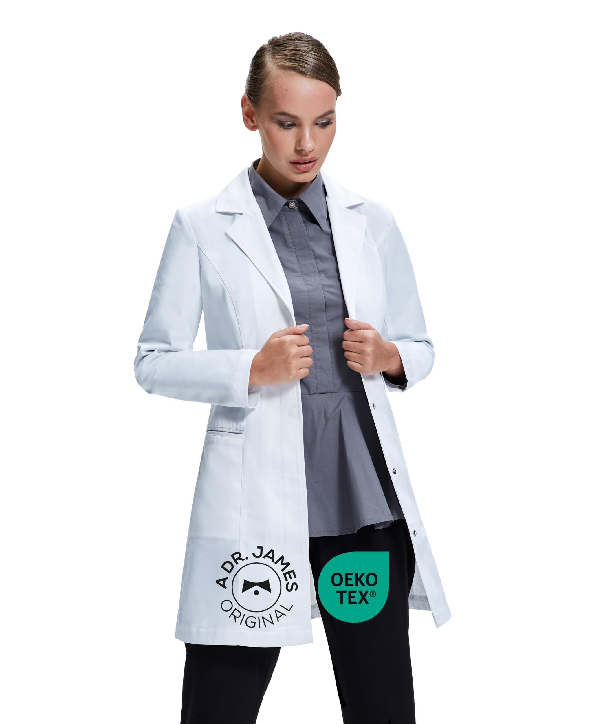 Dr。JamesスタイリッシュなTailored Fit Women 's Lab Coat • 34インチ長 US サイズ: XS カラー: ホワイト