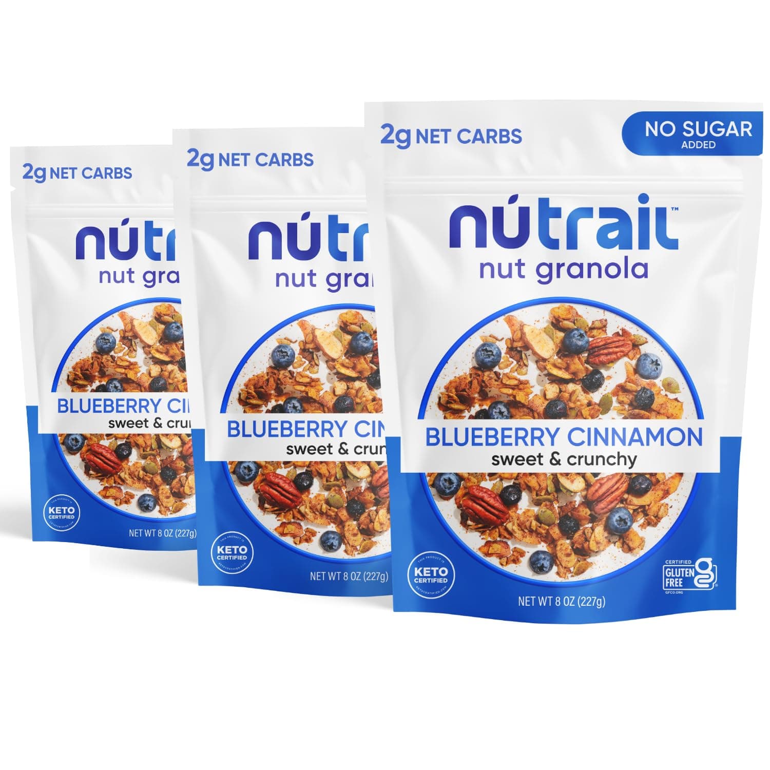 NuTrail Nut Granola Cereal, Blueberry Cinnamon, No Sugar Added, Gluten Free, Grain Free, Keto, Low Carb, Healthy Breakfast Cereal 8 oz. 3 Count
