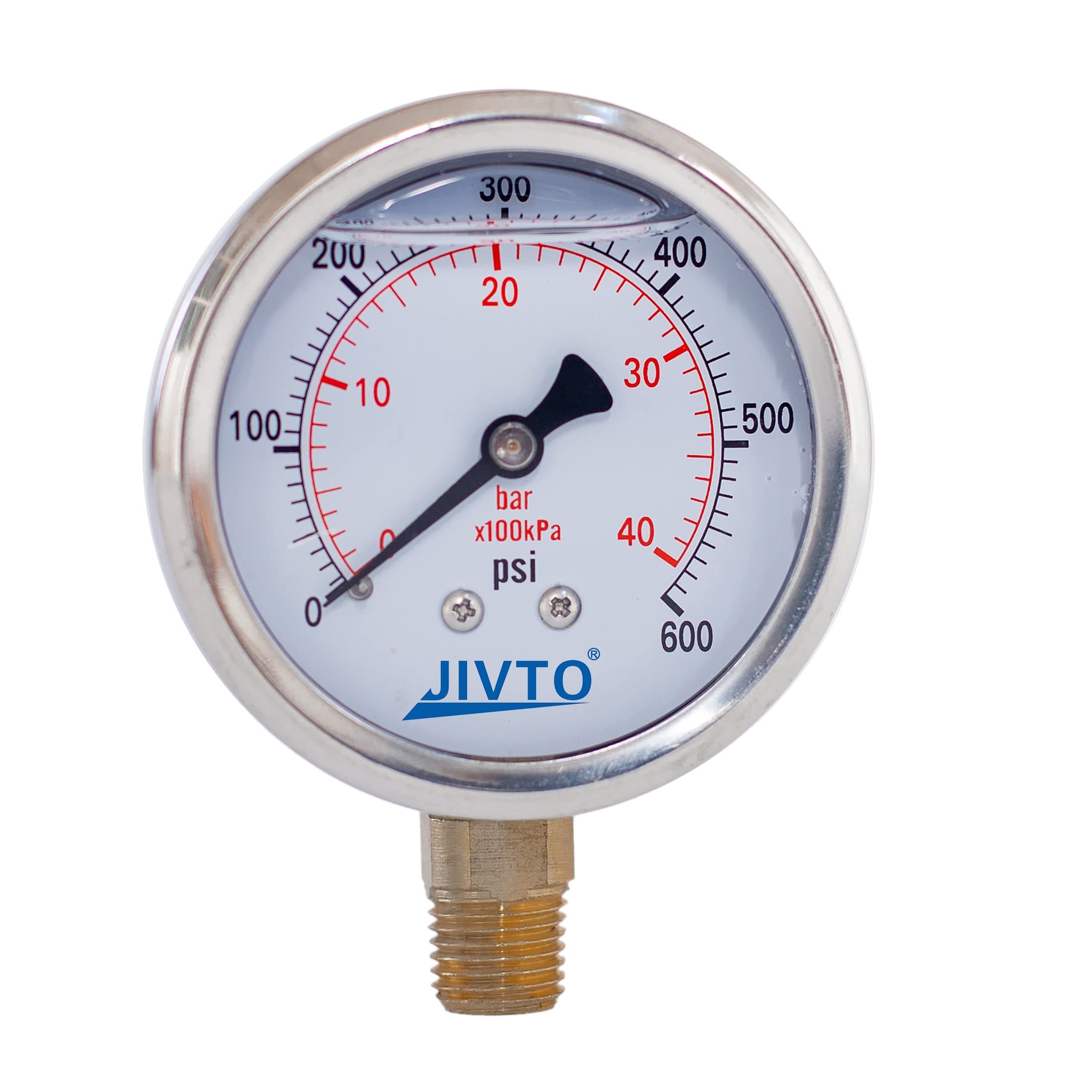 Pressure Gauge,Glycerin Liquid Filled,2.5" Dual Scale Dia,0-600 psi/bar/kpa,1/4" NPT Male Brass Connection,Lower Mount, Stainless Steel Case,for Pneumatic,Pump,Hose,Well Tank,Gas Air Water Oil