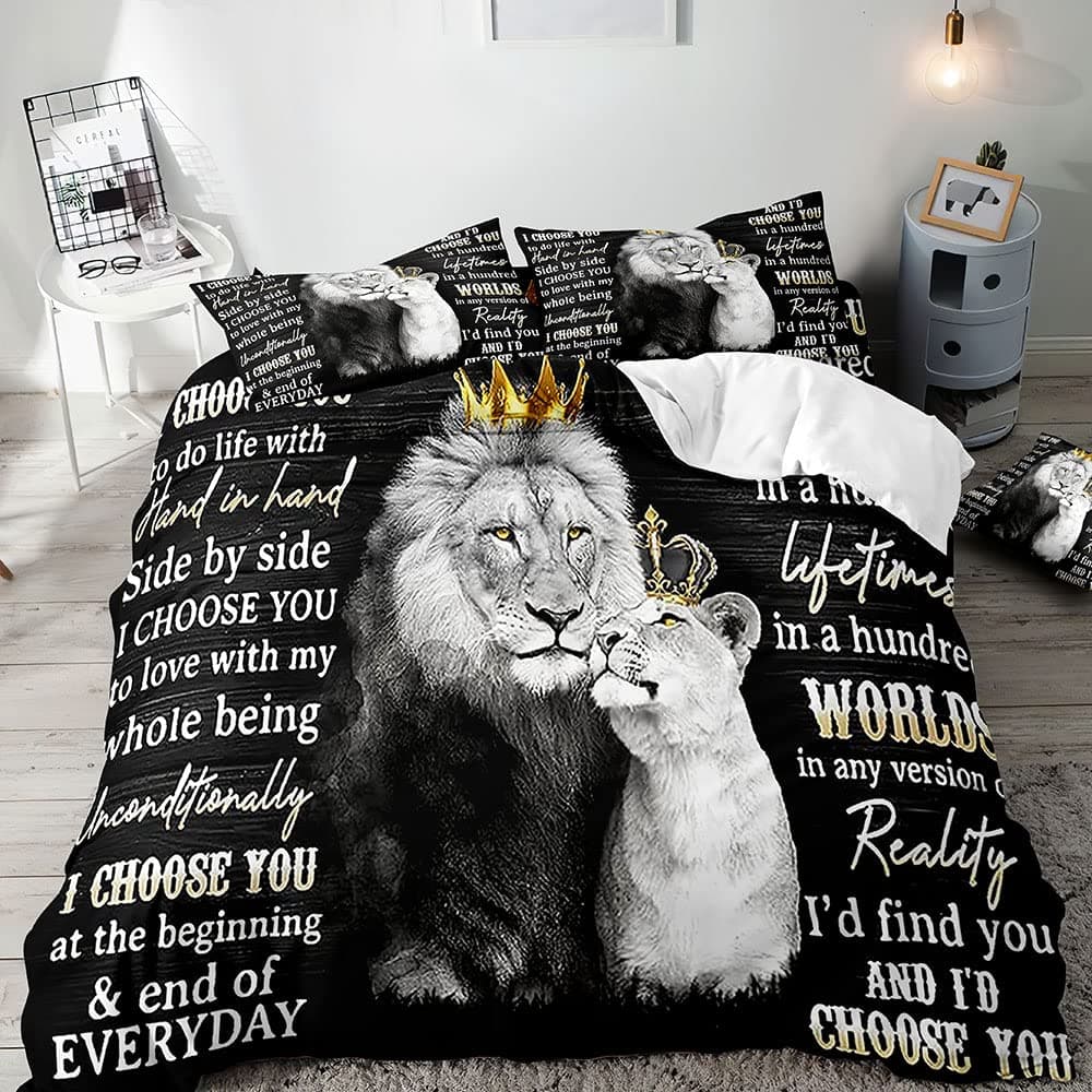 VIVIHOME 3PCS Lion King & Queen Bedding Set, African Safari Animal Black Bedding, Comforter Cover, Wedding Valentines Bedroom Decor for Couples, Romantic Lion Couple Gifts, I Choose You, 2 Pillowcases