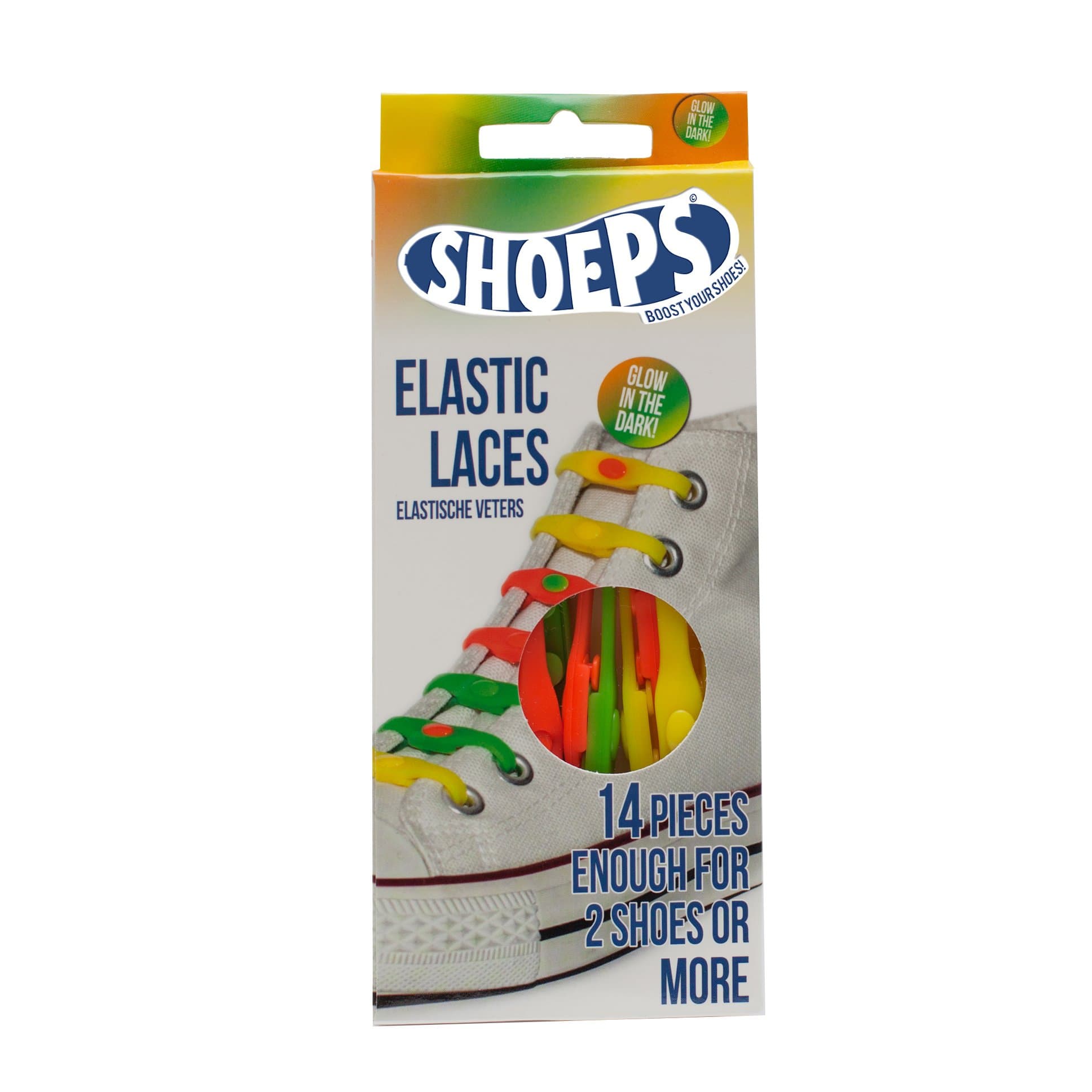 Shoeps Elastic Laces, 14 Pieces - Glow in The Dark - Multi-Colour, Regular