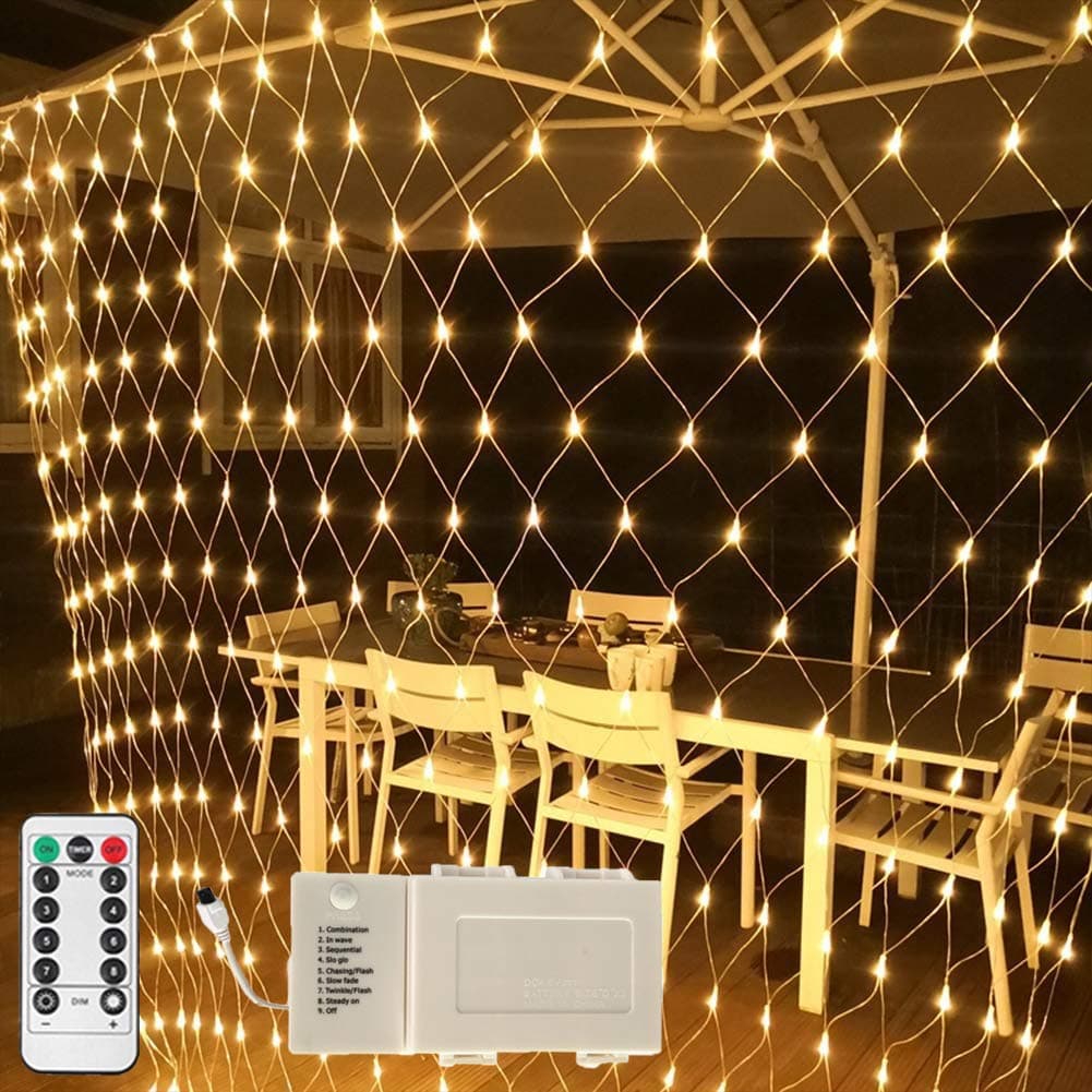 Christmas LED Net Lights 9.8ft x 6.6ft 200 LED Battery Operated Net Lights, Christmas Mesh Net Lights, 8 Modes Dimmable Christmas Bush Net Lights for Christmas Brush-Powered by 3X D Battery,Warm White