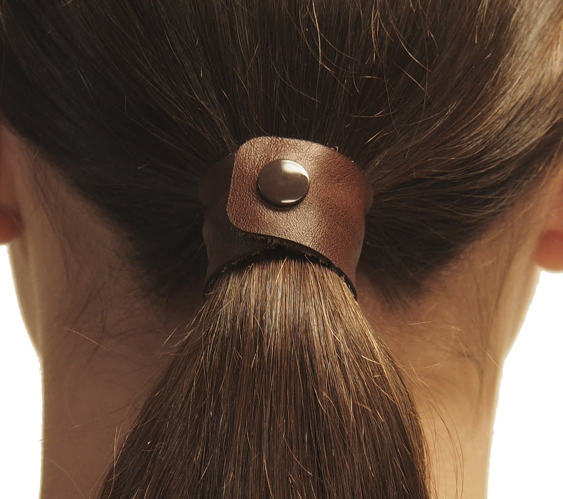 Marron (Reddish-Brown) hair tie by Hairtyz (single piece) | Leather ponytail holder - hair accessory - scrunchie | Hide your elastic band - modular - flexible | Snap them together for long hair