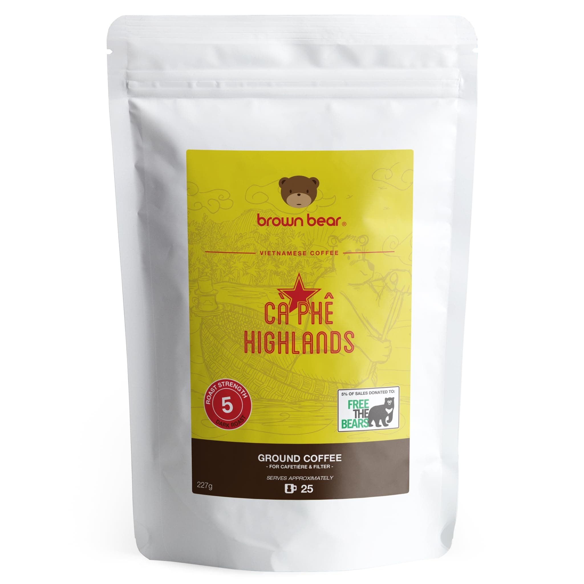Vietnamese Ground Coffee 227g - Very Strong Dark Roast Vietnam Robusta - Strength 5 - For Coffee Machines & Vietnamese Phin Ca Phe Drip Filter & French Press - Brown Bear - Donation To Free The Bears