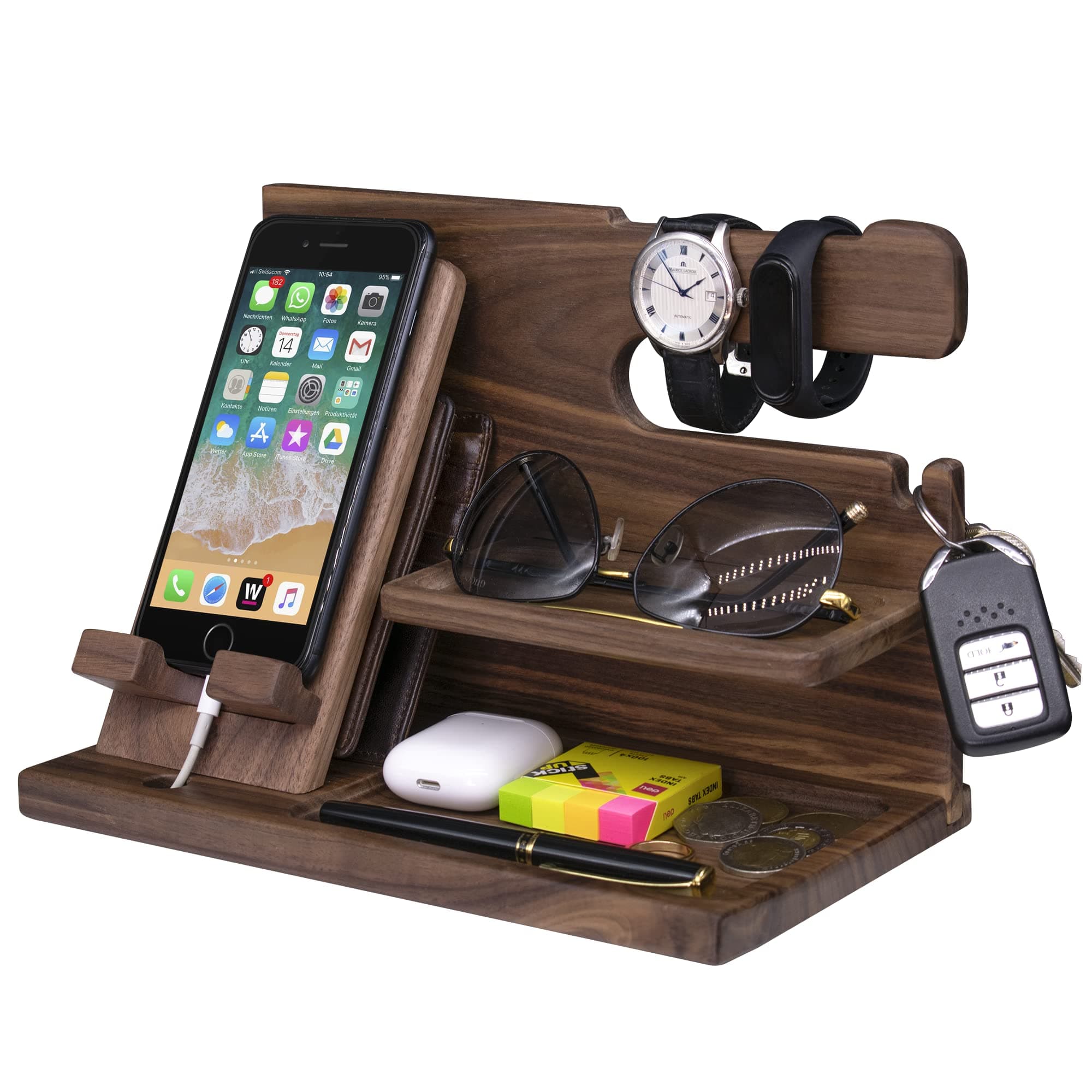 Gooin Global Walnut Phone Docking Station, Nightstand Organizer with Key Holder, Wallet Stand and Watch Organizer - Anniversary Unique Birthday Gifts for Him, Her, Men, Dad, Husband (None Engraved)