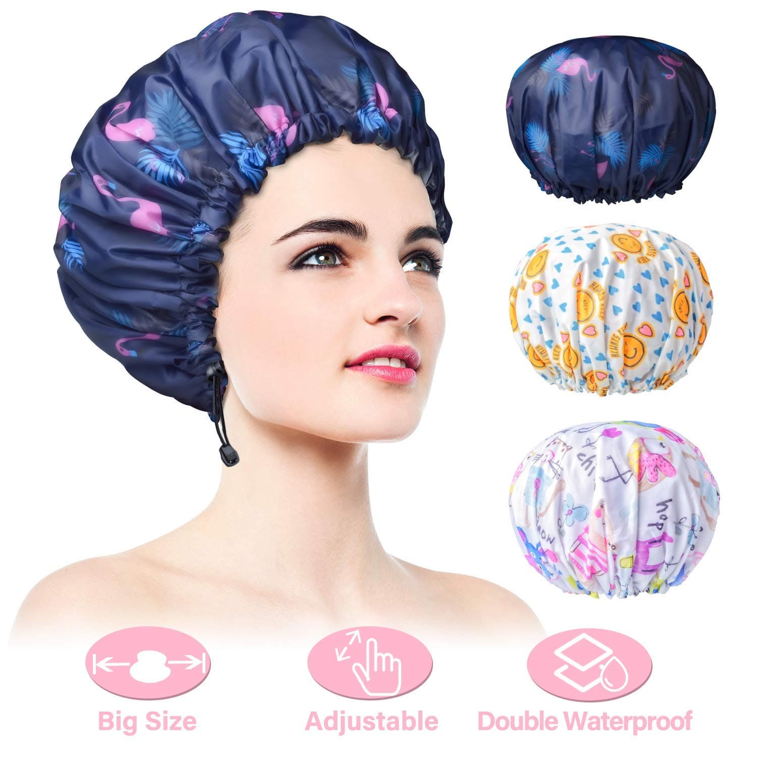 3 PCS Adjustable Shower Caps, Double Layer Waterproof Bathing Cap for Shower, Extra Large Reusable Hair Cap for Women, Waterproof Exterior & EVA Lining, Oversized Design for All Hair Lengths/Style