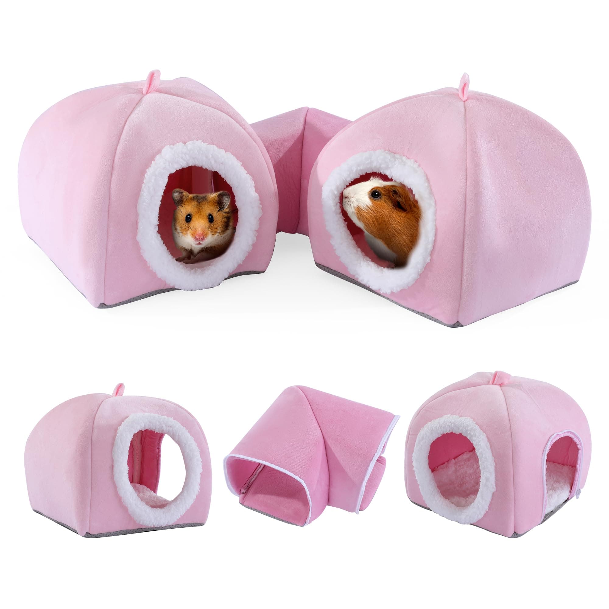 MABOZOO 3 Pack Guinea Pig House Accessories, 2 Guinea Pig House and Corner Tunnel with Zipper Connect, Hamster Hideout for Hamster, Rabbit, Bunn