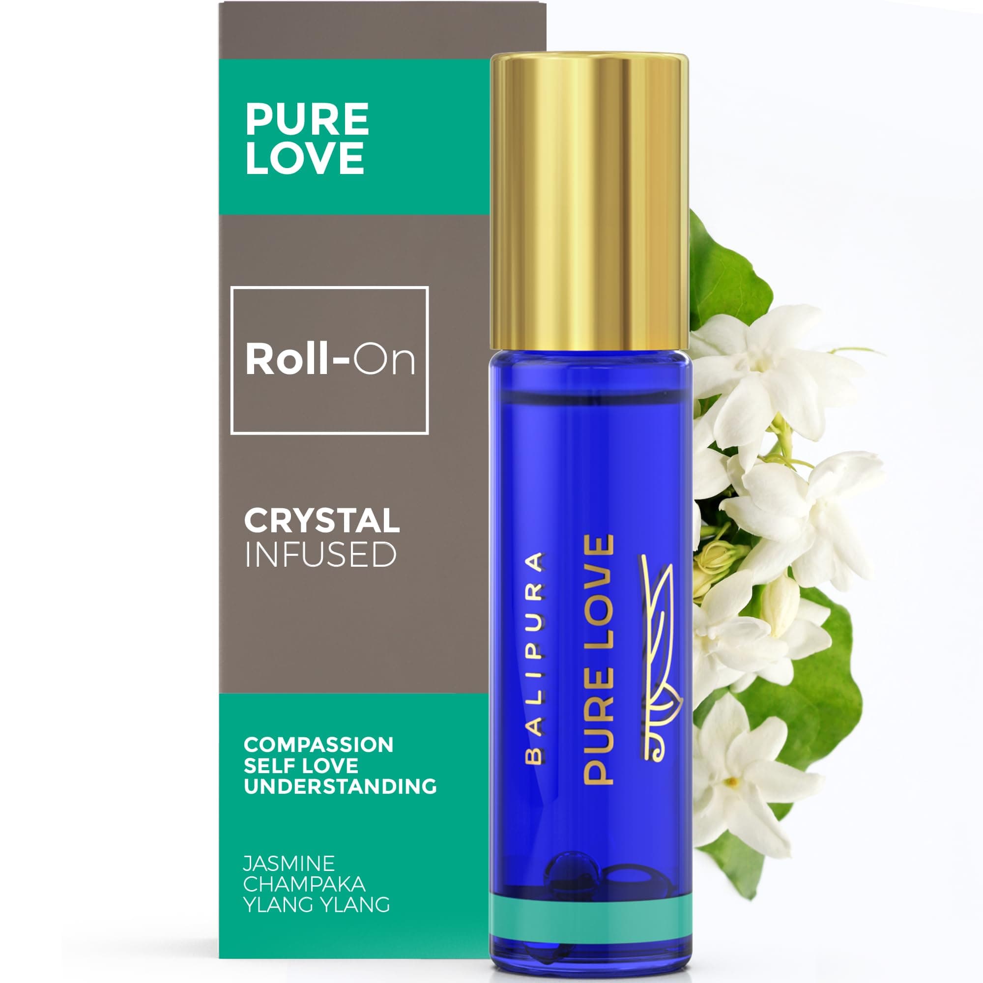 Pure Love Crystal Aura Roll On - Jasmine Essential Oil with Love Rose Quartz Crystals - Essentail Oils for Body - Calming Essential Oils Roll On- Valentines Day Gift for Women - 0.34 floz