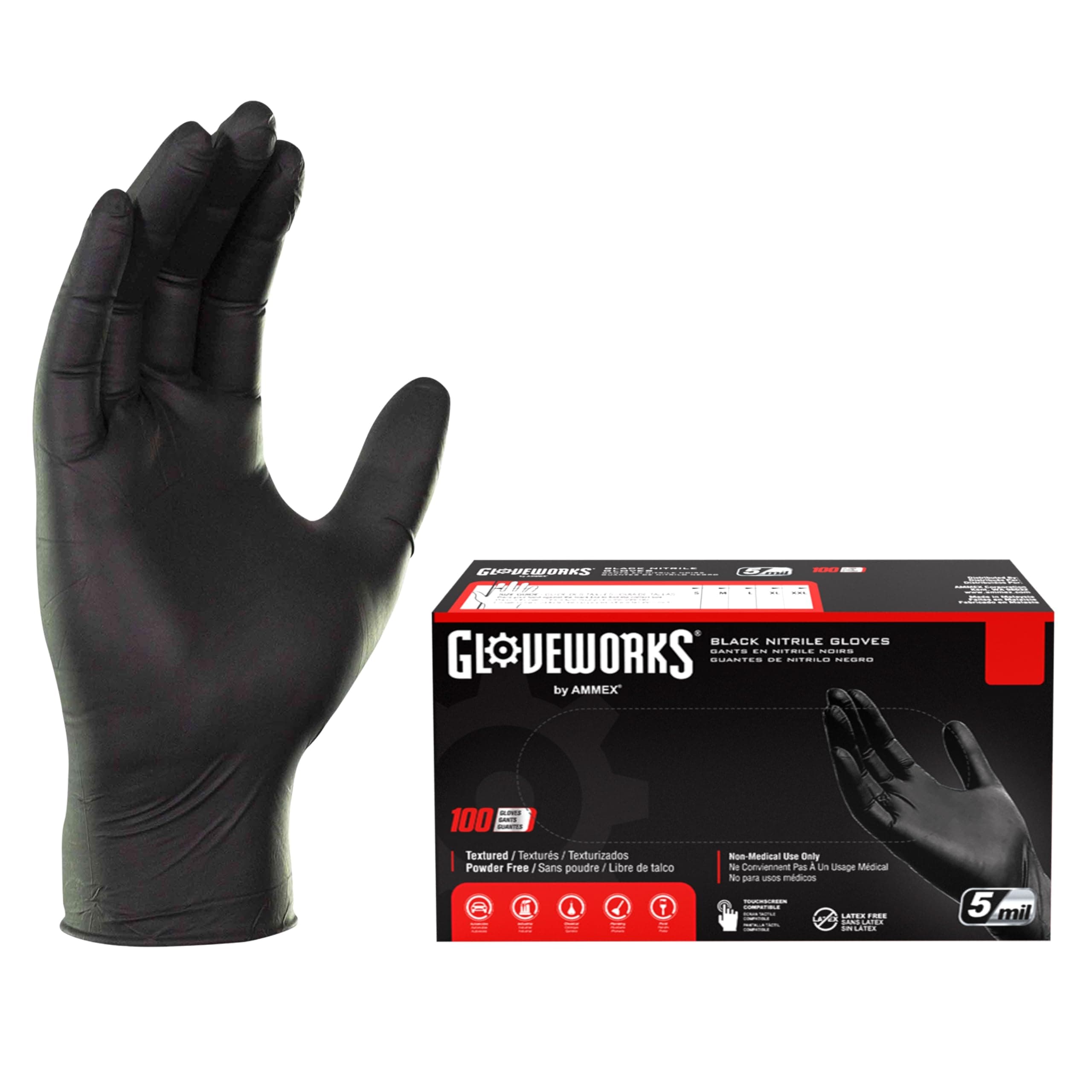 GLOVEWORKS Industrial Black Nitrile Gloves, Box of 100, 5 Mil, Size XX-Large, Latex Free, Powder Free, Textured, Disposable, Food Safe, GPNB49100BX