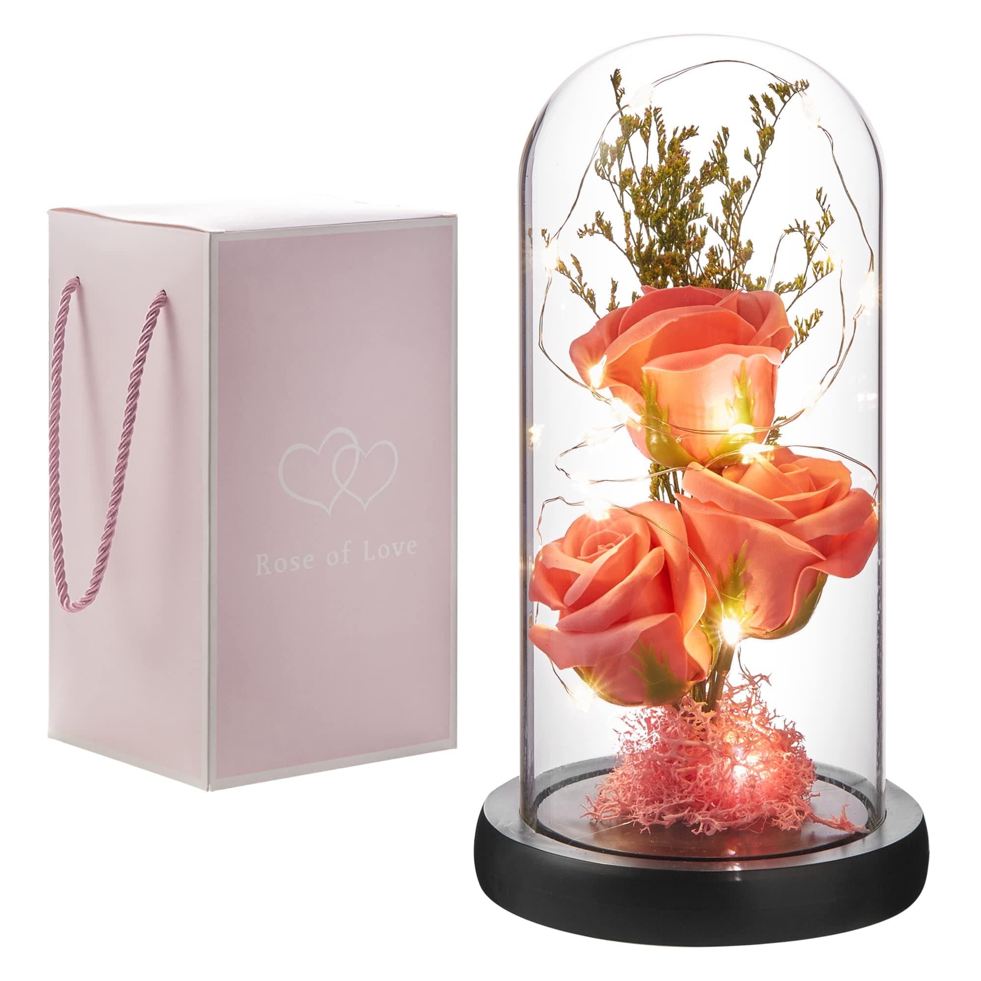 oridom Preserved Flower Gift, Light Up Rose in Glass Dome, Eternal Forever Rose Flower Gifts for Her, Grandma, Mother’s Day, Valentine’s Day, Anniversary, Birthday, Christmas Decorations, Rose Pink