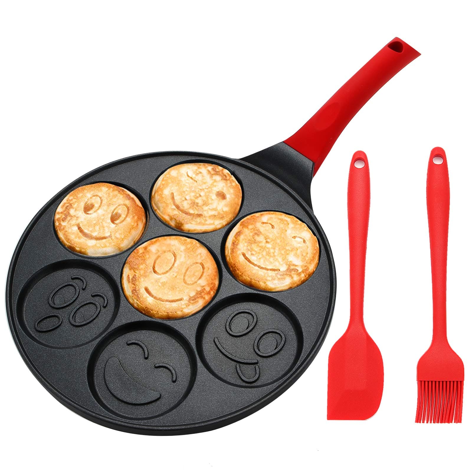 Kids Pancake Griddle Pan, Smile Face Pancake Mold, Nonstick Grill Pan, Mini Blini Pancakes Mold for Children, 10 Inch, With Silicone spatula & Silicone Brush