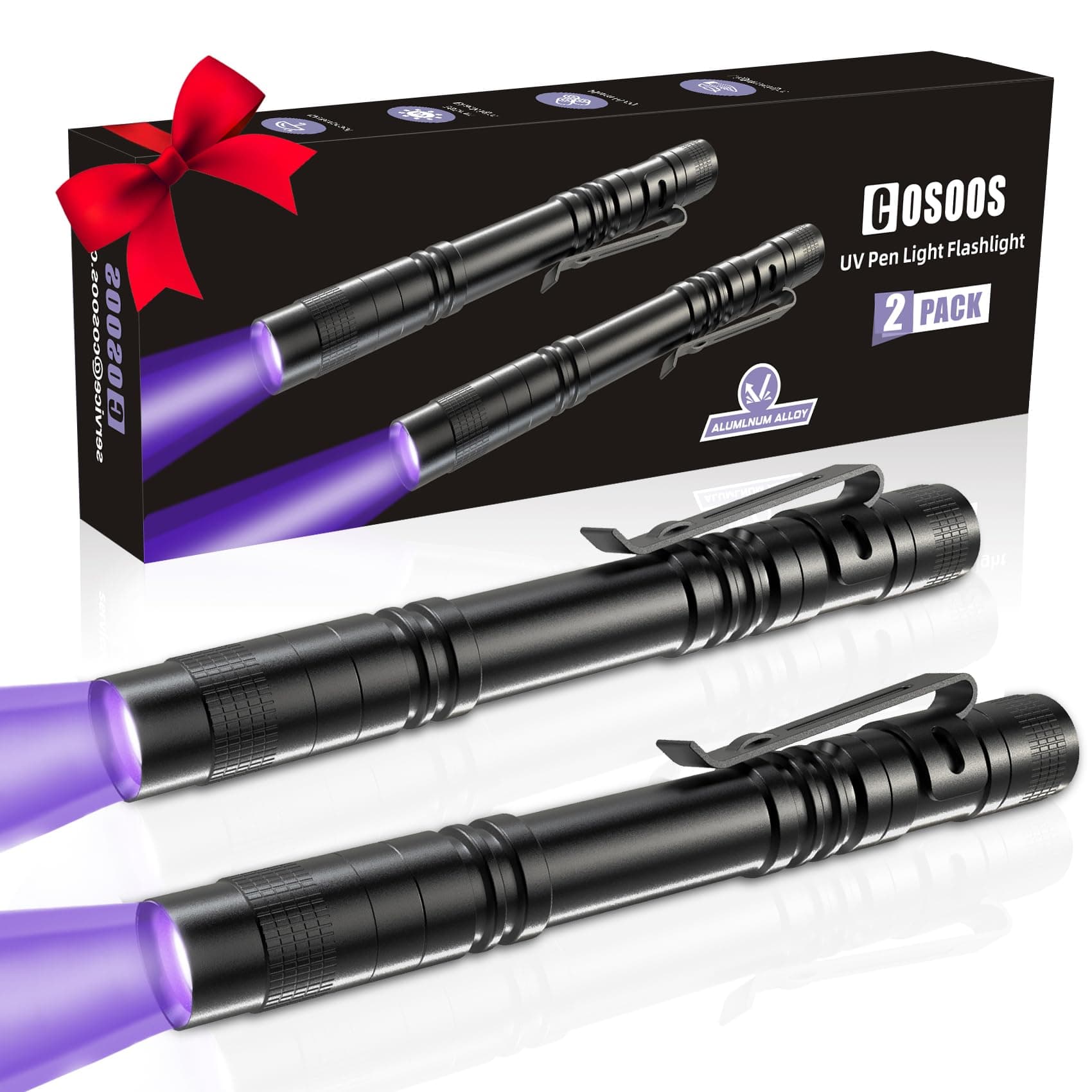 COSOOS 2 UV Black Light Flashlight, 2 Pack 395nm Mini Pen Light with Clip, Waterproof Ultraviolet Flashlight for Leak, Pet Urine, Scorpion, Hotel Inspection, Dry Stain and Bed Bug.