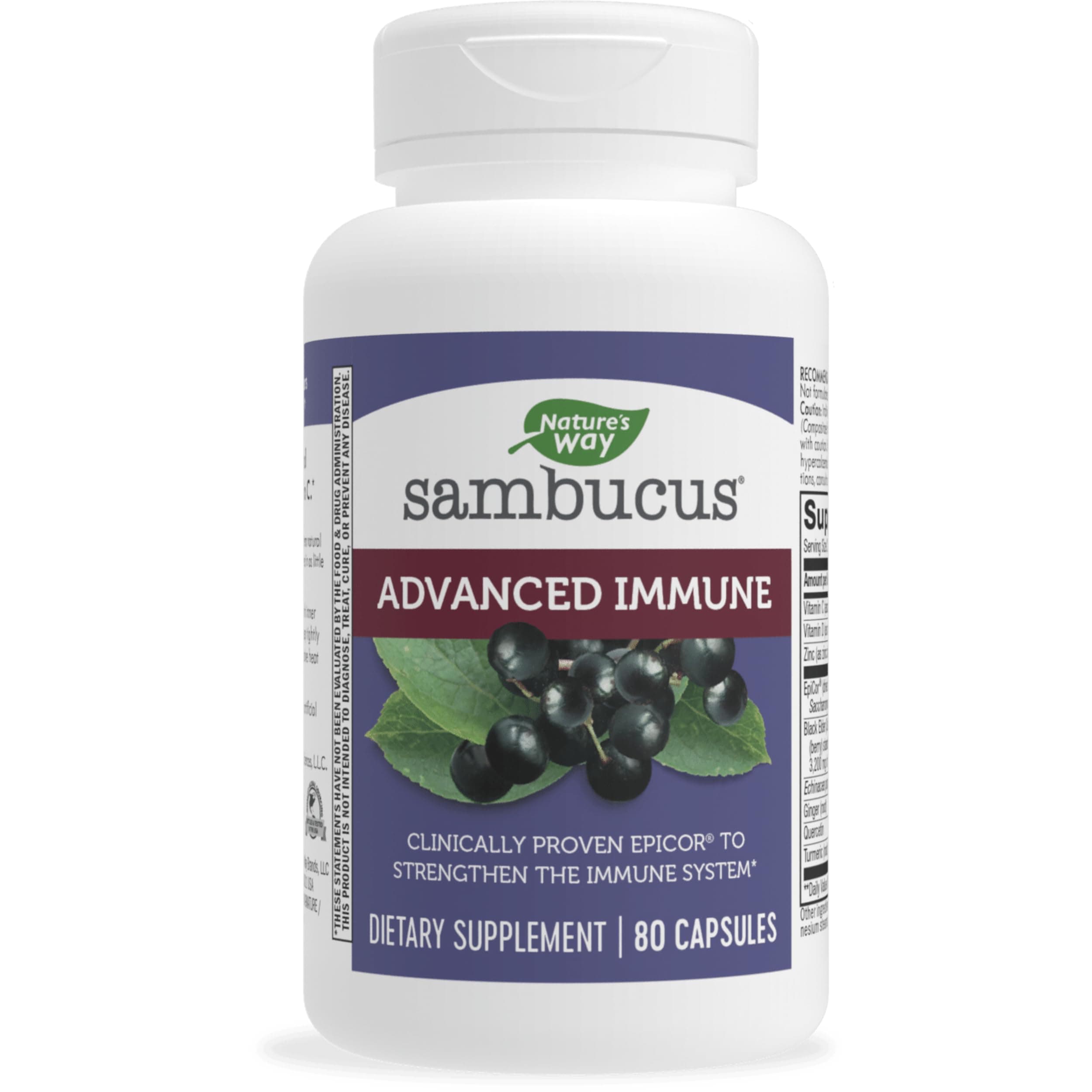 Nature's WaySambucus Advanced Immune Capsules with Black Elderberry, Vitamin C, Vitamin D, Echinacea and Zinc, Immune System Support with EpiCor*, 80 Capsules