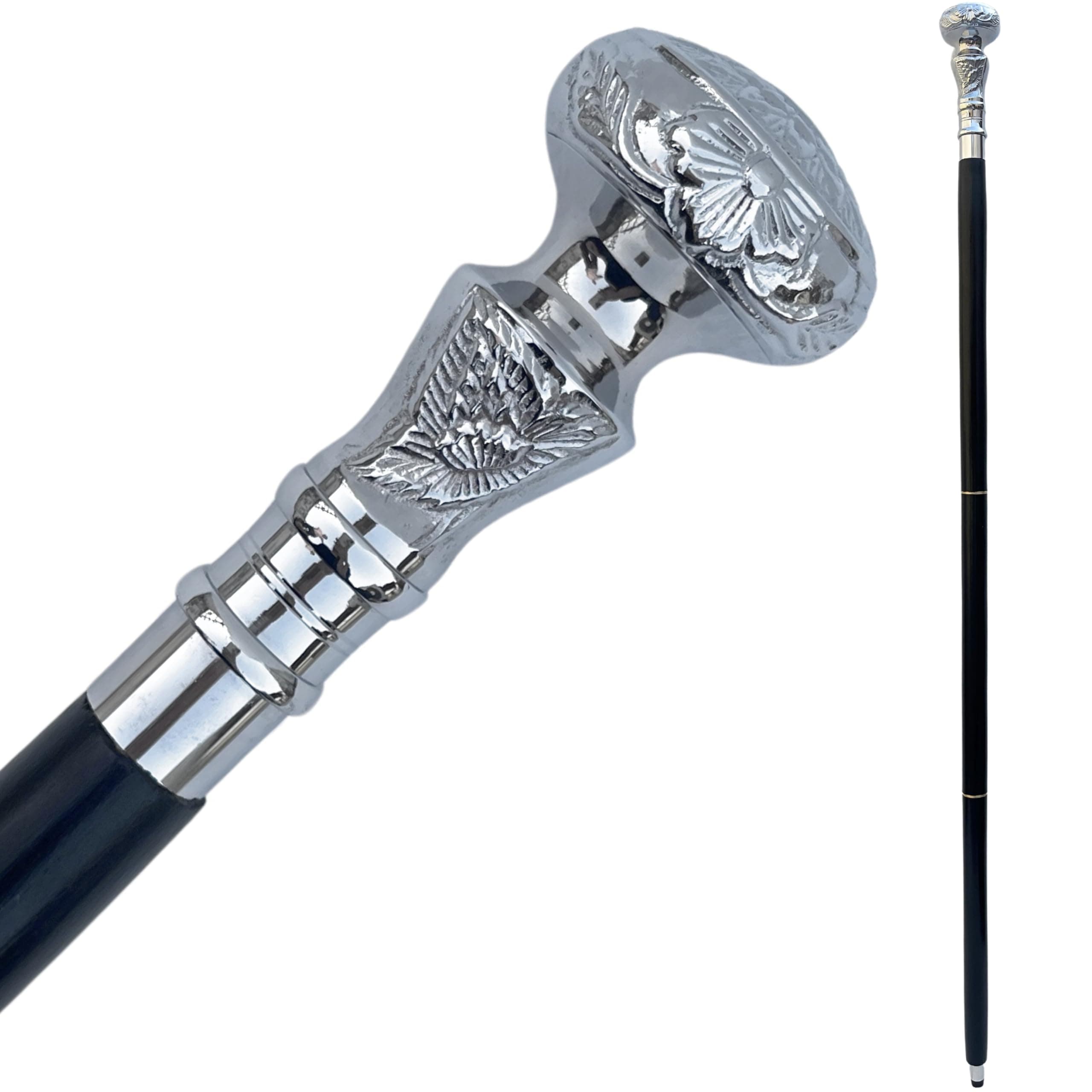 Vintage Wooden Walking Stick with Silver Brass Handle Black Foldable Walking Cane Round Knob Antique Victorian Elegant Rosewood Victorian Fancy Cane for Men and Women an Ideal Gift