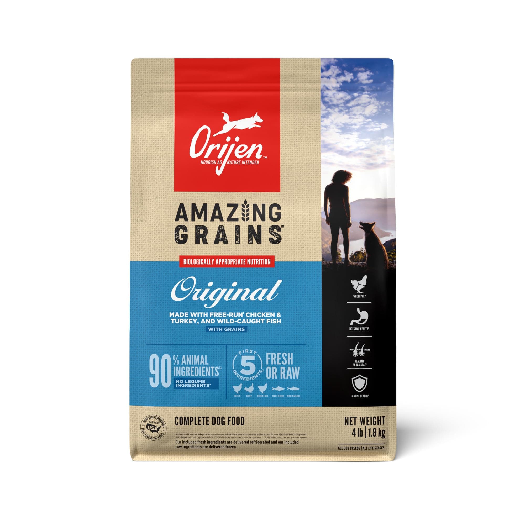 ORIJEN Amazing Grains High Protein Dry Dog Food Original Recipe 4lb Bag