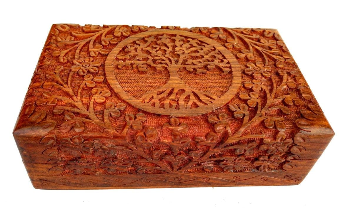 Ajuny Handcarved Wooden Decorative Treasure Chest Box 8 x 5 Inch Brown Tree Of Life Pattern - Multipurpose Use As Jewelry Storage, Watch Box, Great for Gifts