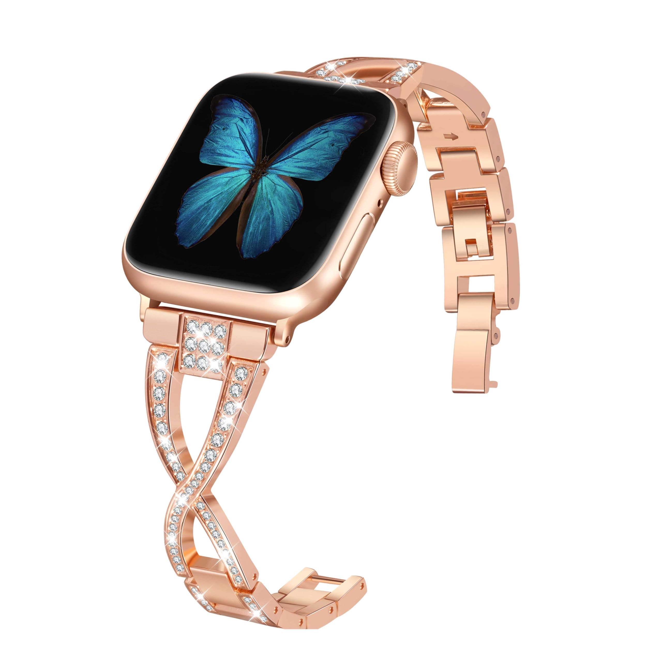 Bands for Apple Watch 38mm 40mm 41mm 42mm(Series10 11) Women Series11 10 9 8 7 6 5 4 SE iwatch Band Bling Metal Bracelet Fancy Cute Dressy Strap Rose Gold