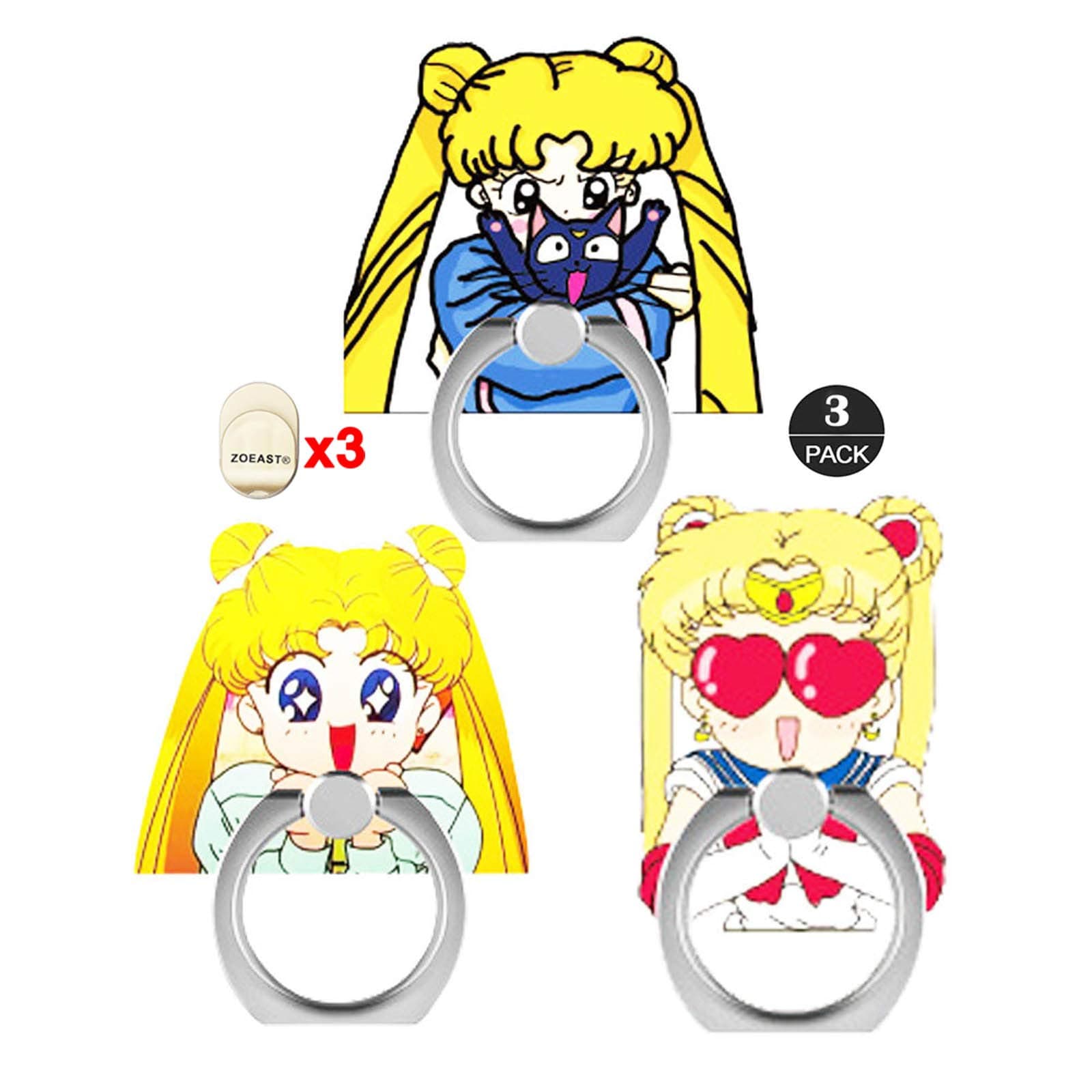 ZOSTLAND 3PCS Moon God Guardian Phone Ring,Universal 360°Adjustable Phone Case Finger Grip Stand Holder Desk Stent Mount Car Hook Compatible with iPhone 13 12 11 XS MAX X Plus iPad (3pcs Moon Girl)