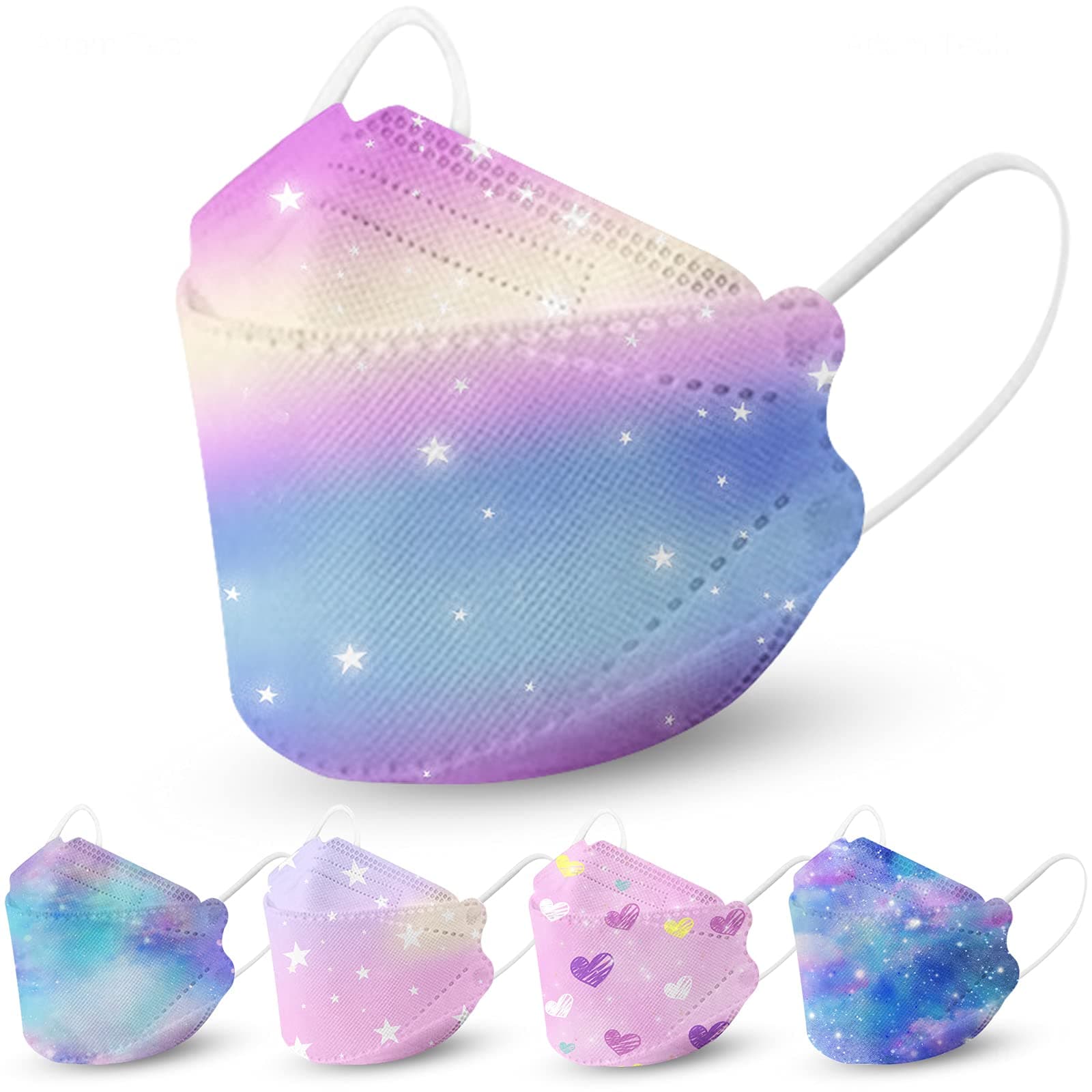 NiHealth50PCS Disposable KF94 Face Masks for Kids, Tomorotec Cute Heart Children's Fish Shape Disposable Face Masks Tie-Dye Variety Face Masks (5 Starry Sky Designs)