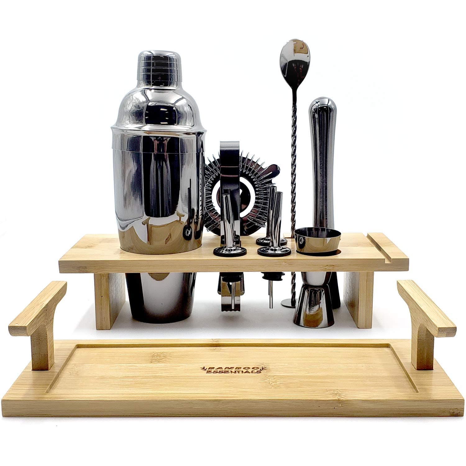 Bartender Kit Cocktail Shaker Set Mixology Martini Kit 10- Piece Complete Bar Tool Set with Stylish Multi-Purpose Bamboo Stand Home Bartending Kit and Martini Cocktail Shaker Set
