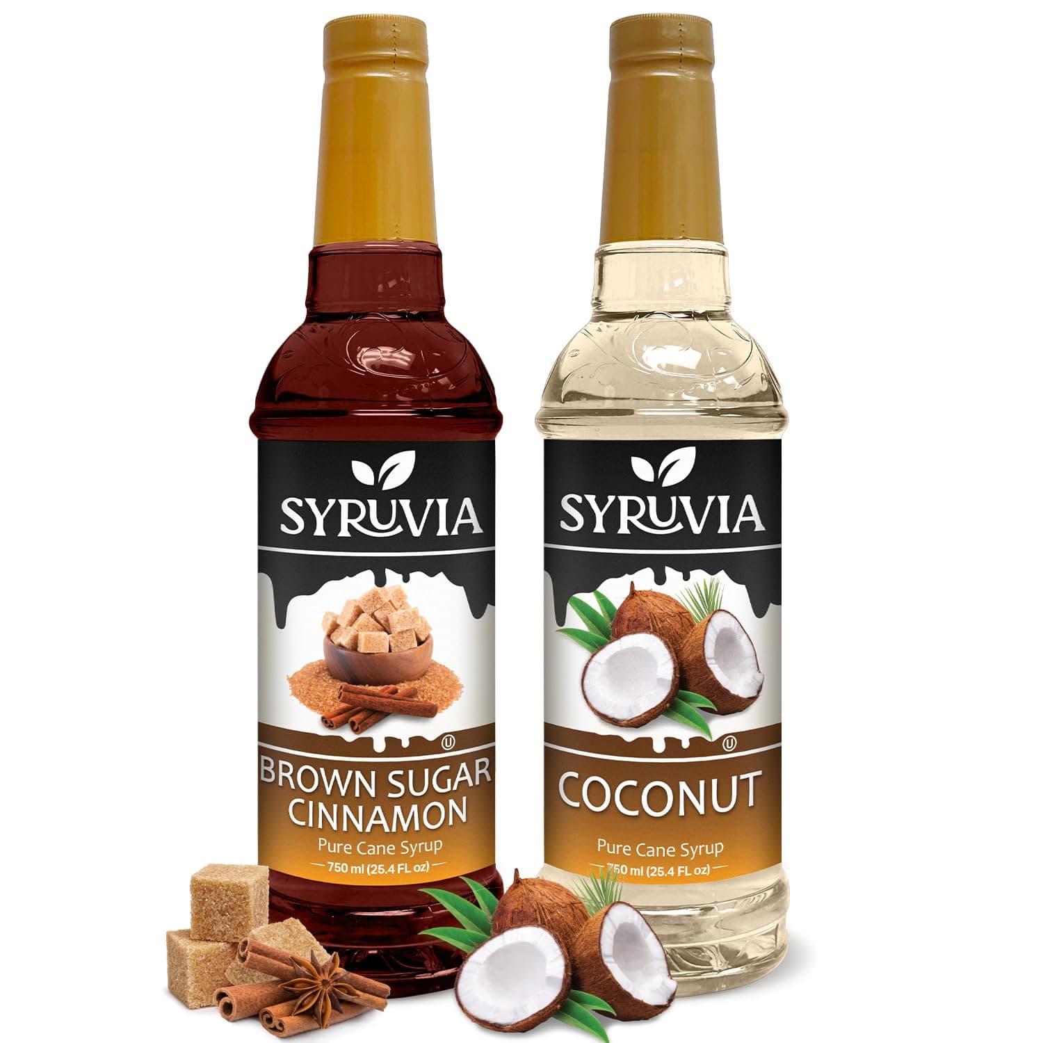 Syruvia Coffee Syrup Variety Pack - Brown Sugar Cinnamon & Coconut- Gluten-Free, Kosher, 25.4 fl oz Bottles - Enhance Your Coffee Experience with Premium Flavoring Syrups