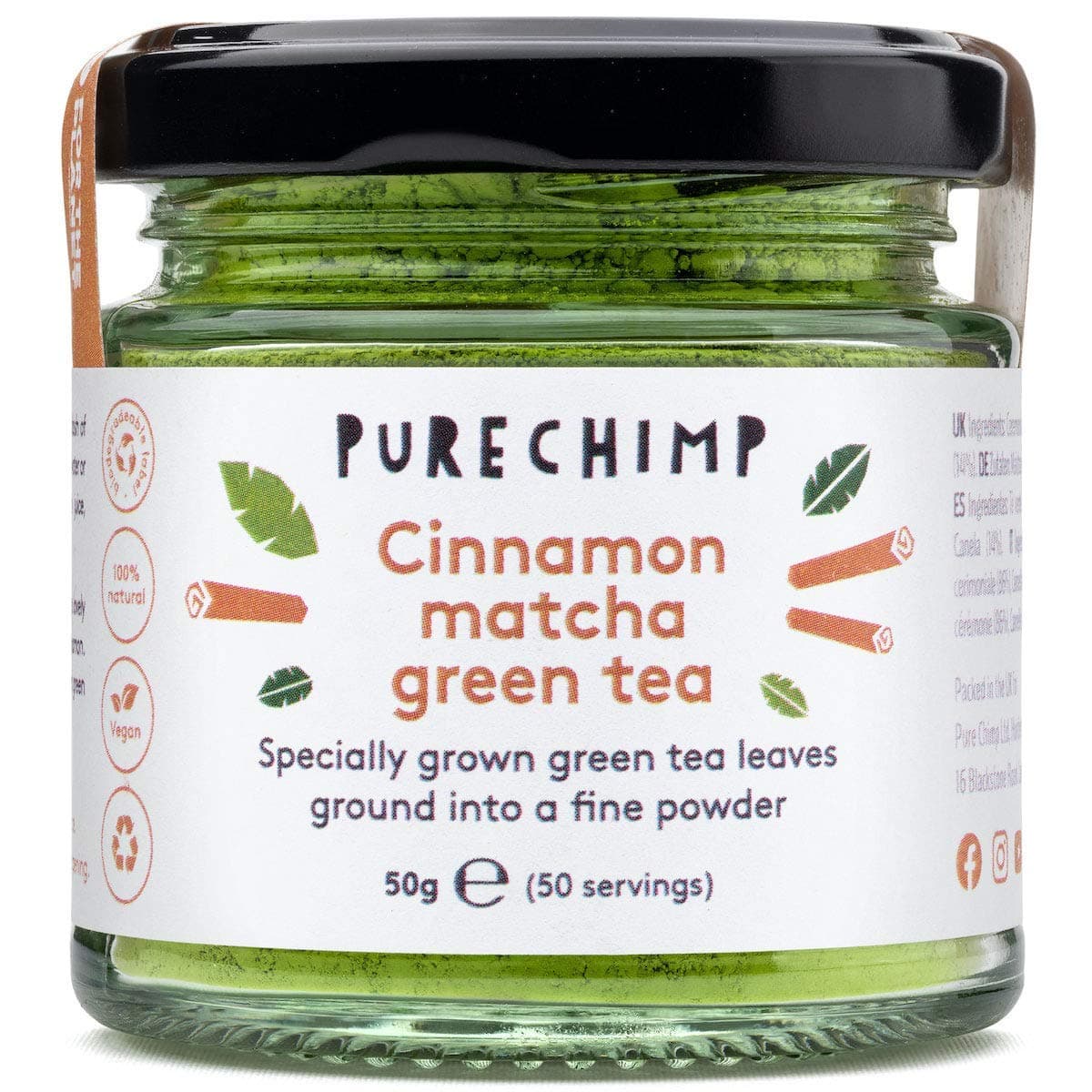 Cinnamon Matcha Green Tea Powder 50g (1.75oz) by PureChimp | Ceremonial Grade from Japan | Pesticide-Free | Recyclable Glass Jar & Aluminium Lid