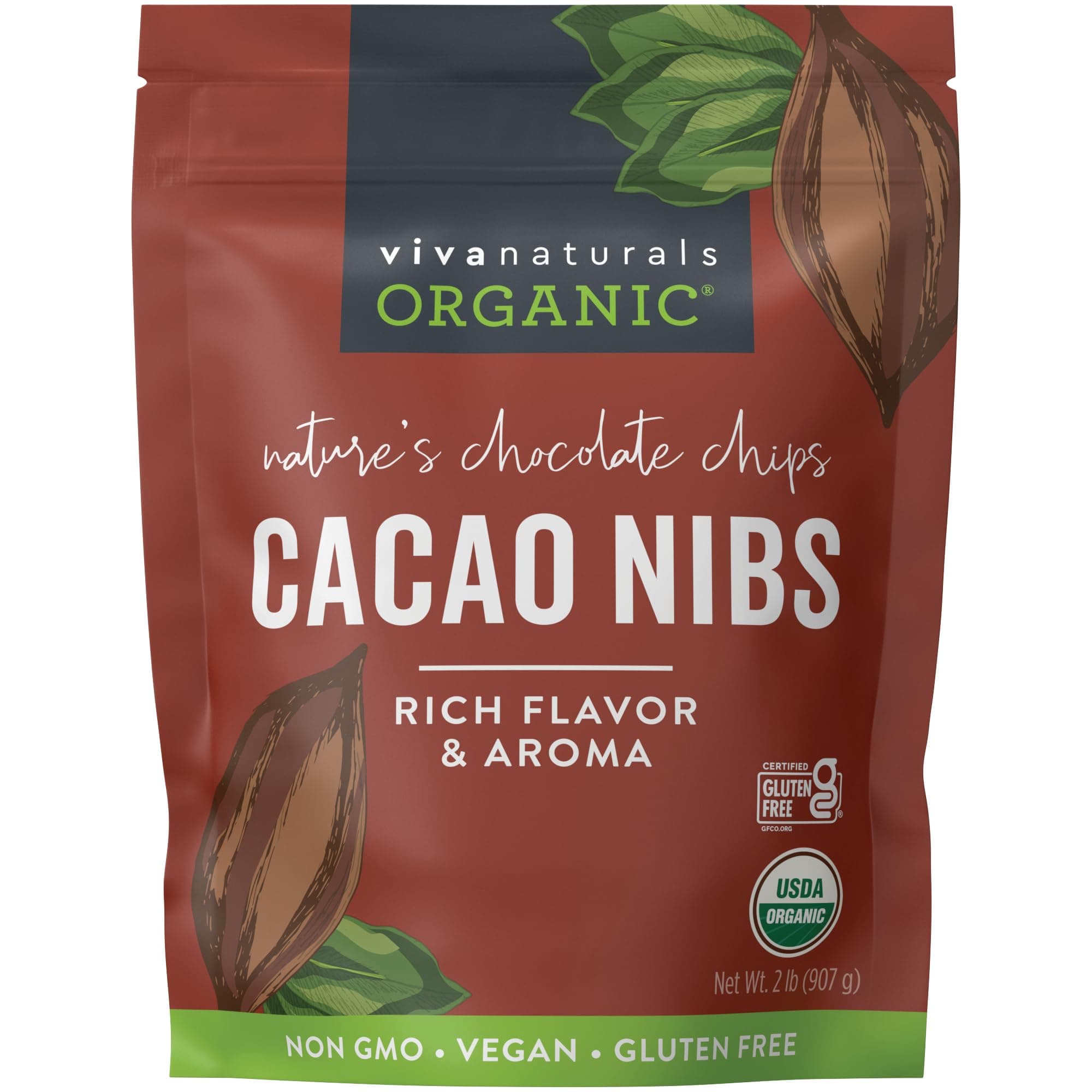 Viva Naturals Organic Cacao Nibs, Unsweetened, 2 LB (907 g), Keto Friendly, Vegan, Non-GMO, Gluten-Free Chocolate Chip Substitute